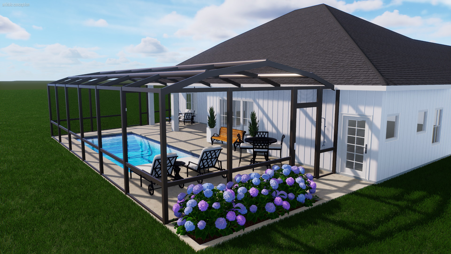 A backyard with a white house, a screened-in porch area with a swimming pool, patio furniture, potted plants, and purple hydrangea flowers along the edge of the porch.