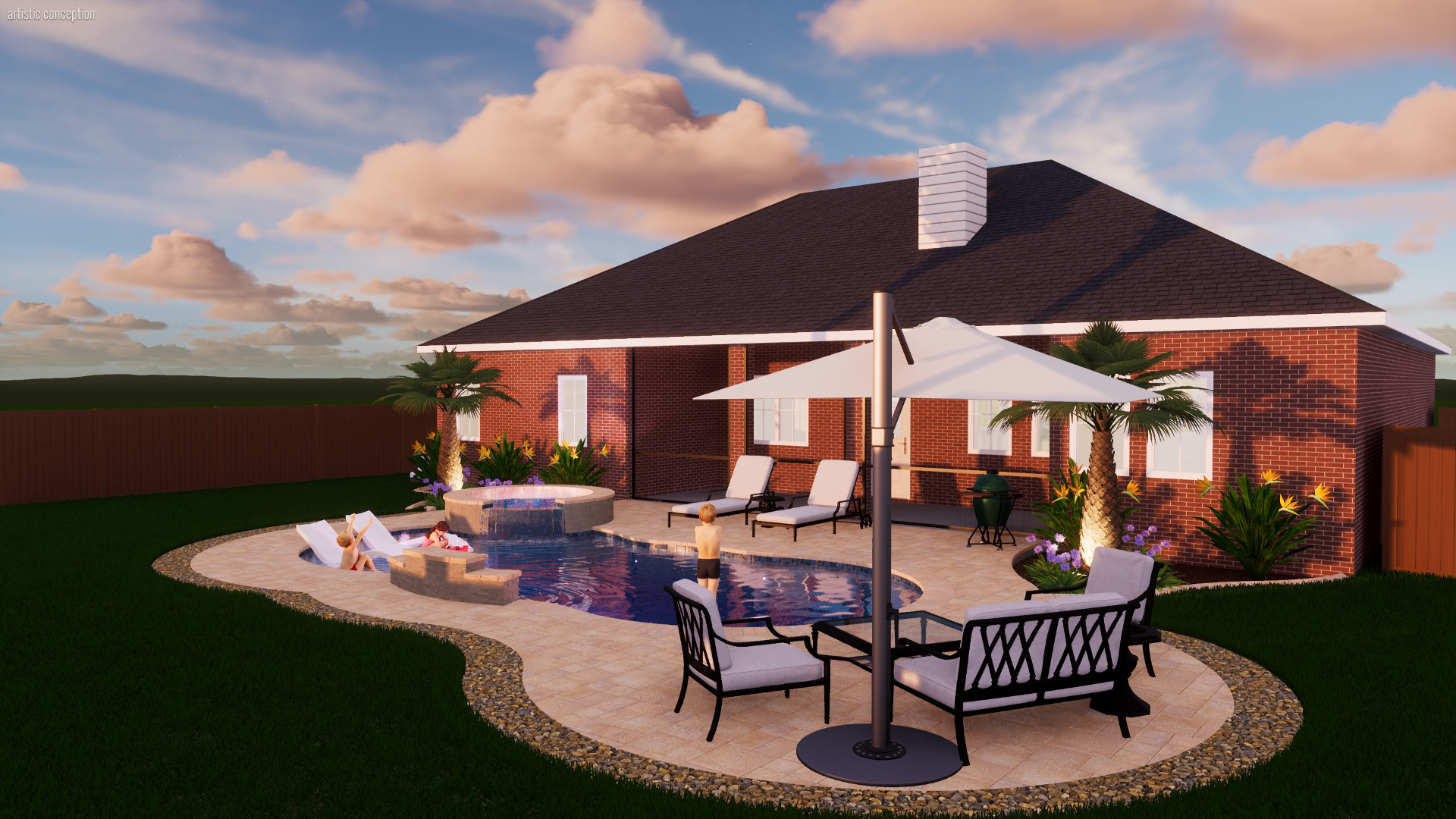 Backyard with swimming pool, lounge chairs, table with umbrella, palm trees, and a brick house in the background during sunset.