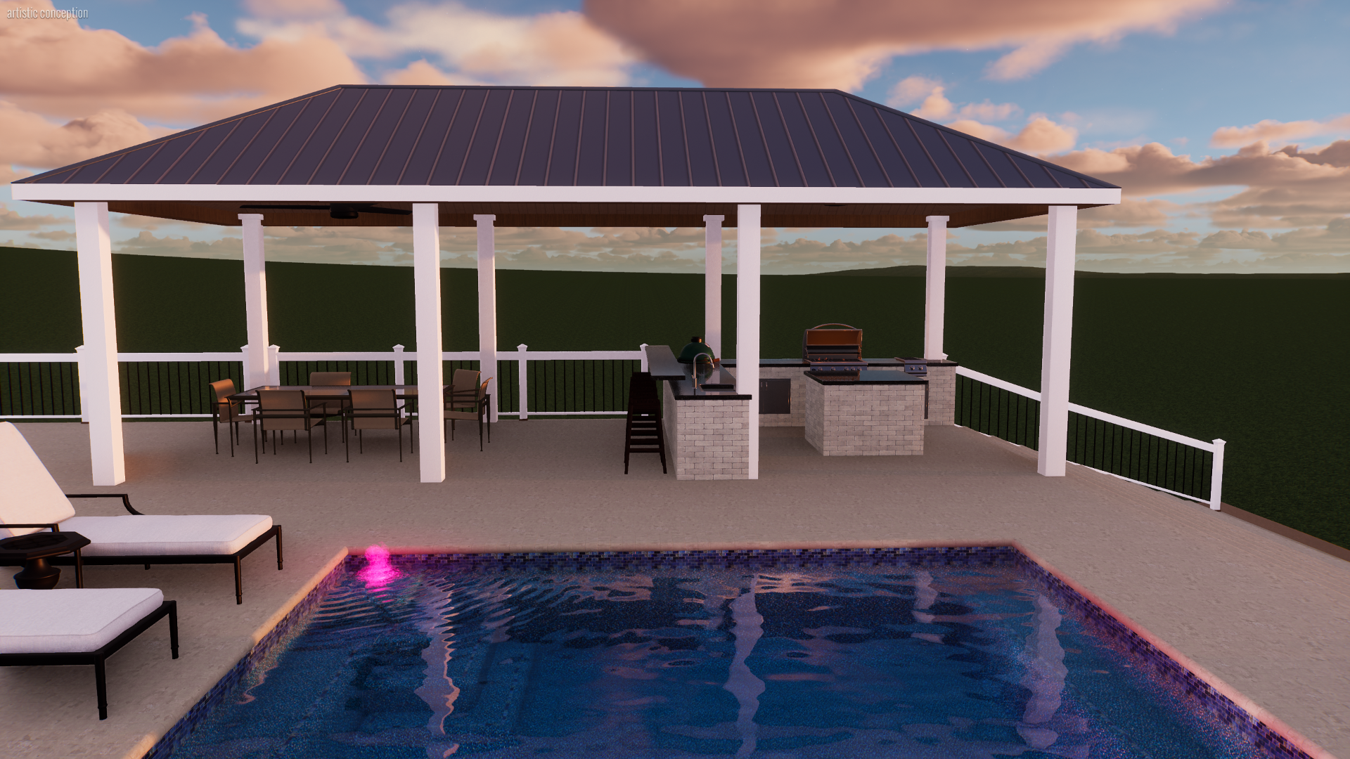 An outdoor rooftop pool area with lounge chairs, a shaded pavilion, and a grilling station, overlooking a green landscape under a cloudy sky at sunset.