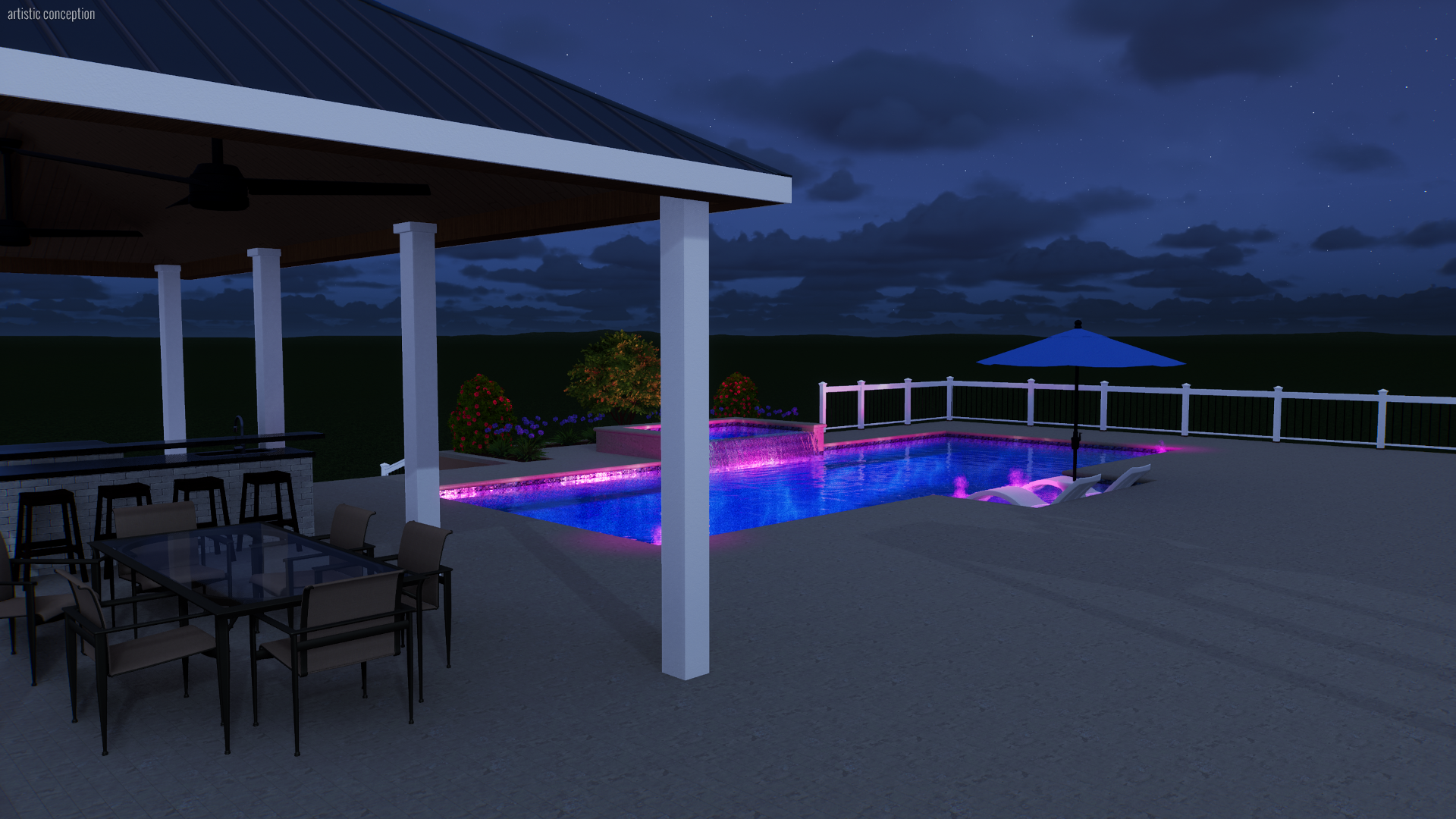Nighttime view of a backyard with a lit swimming pool surrounded by a white fence, patio furniture, and an umbrella. A covered outdoor kitchen with barstools is on the left, and there are plants and flowers near the pool.