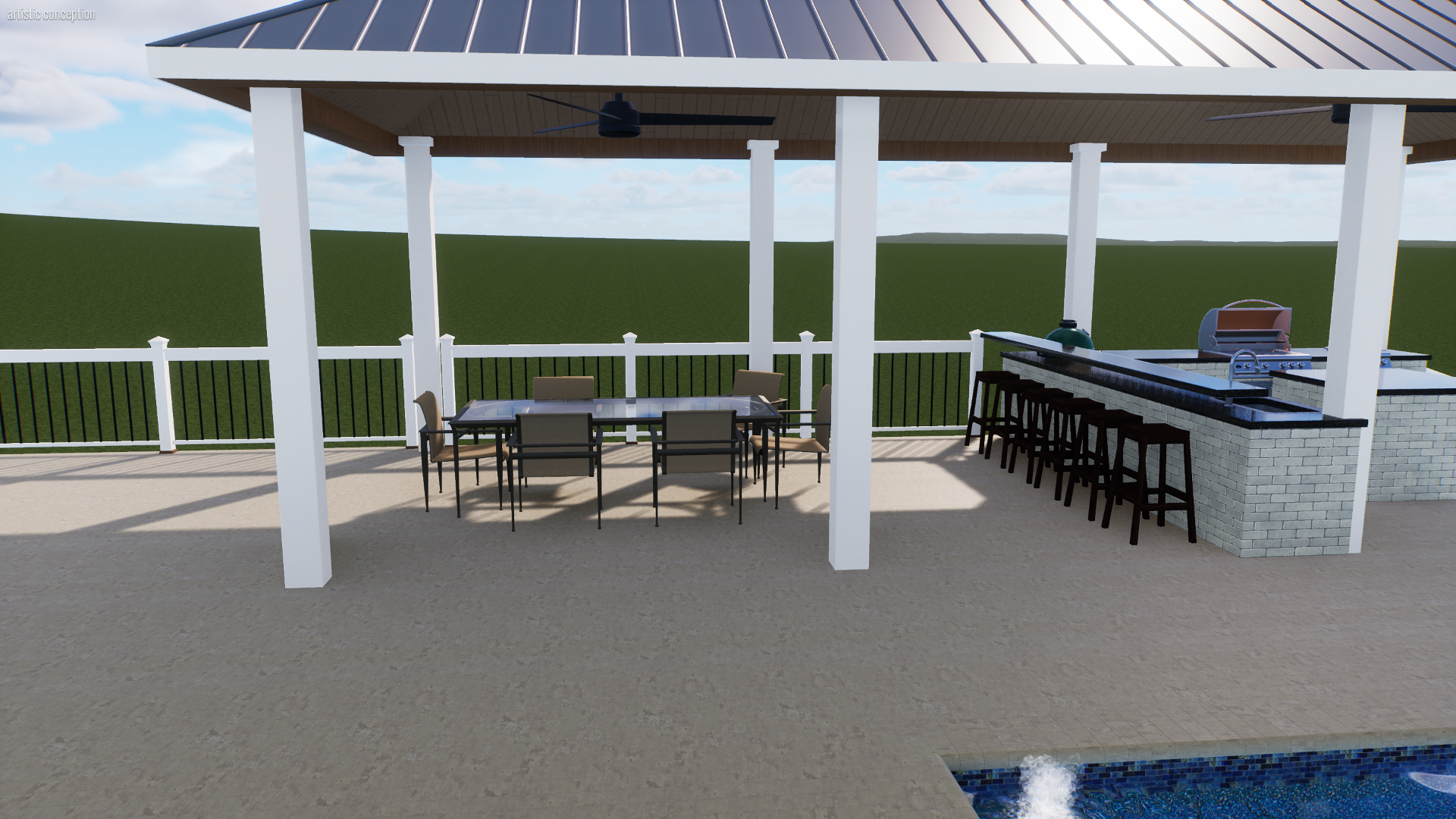 View of a shaded outdoor patio with a dining area and a built-in outdoor kitchen with barstools facing a pool, overlooking a grassy landscape under a partly cloudy sky.