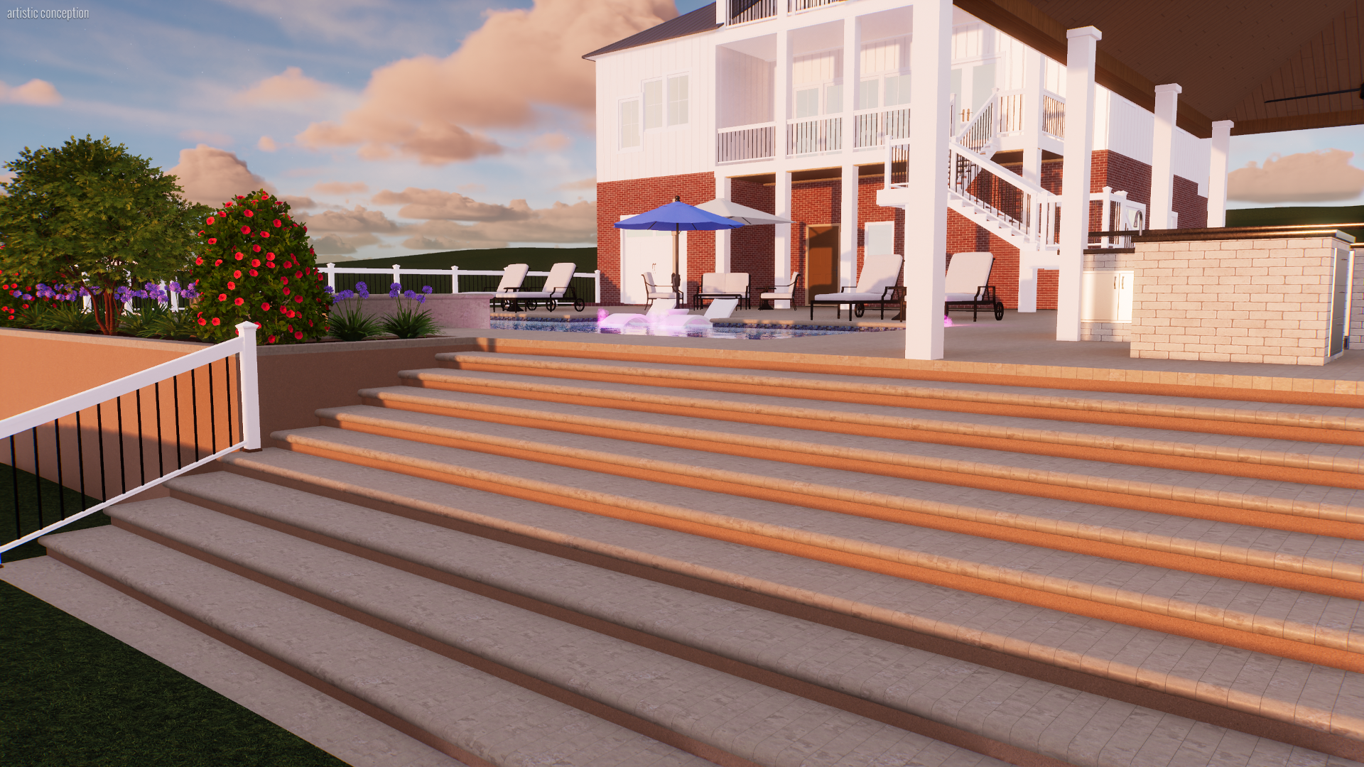 Exterior view of a modern house with a pool, patio furniture, and landscaped garden, set against a cloudy sky during late afternoon or early evening.