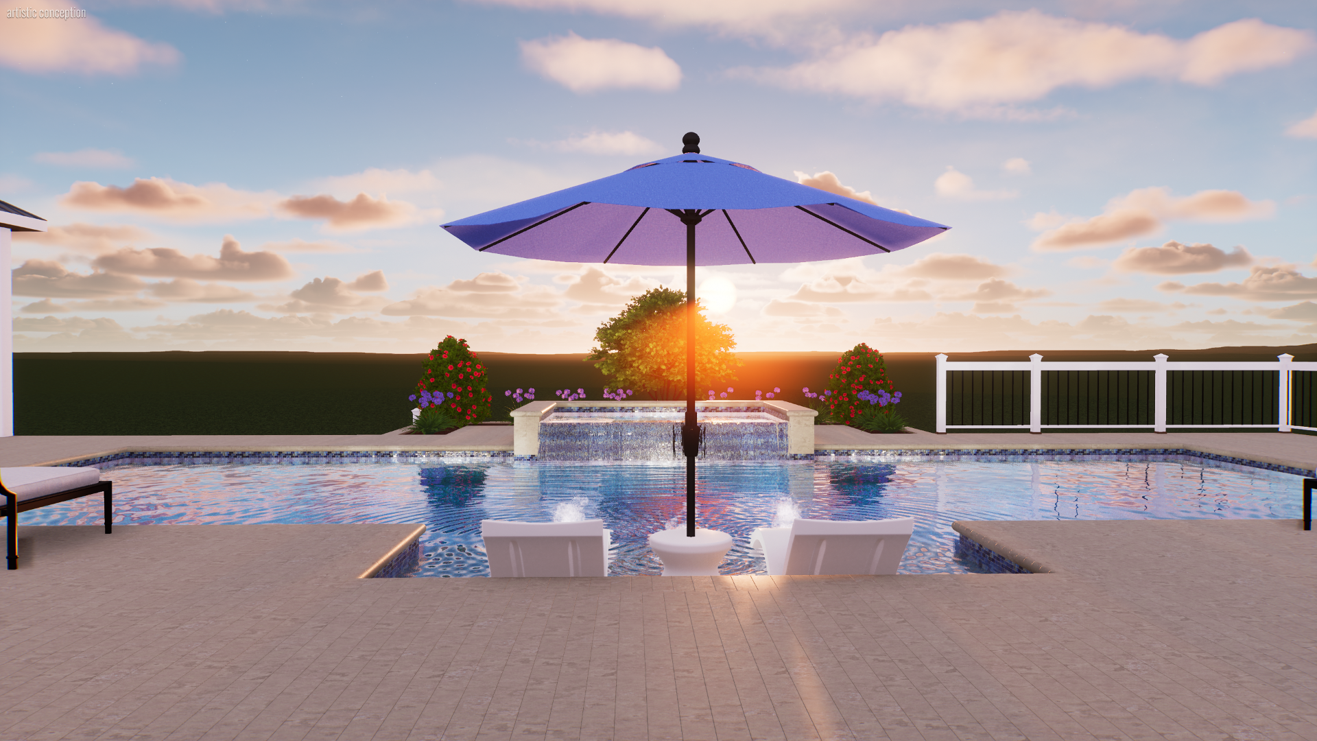 Poolside scene at sunset with a large blue umbrella, white lounge chairs, decorative flowers, and a fountain, overlooking a flat landscape with a partly cloudy sky.