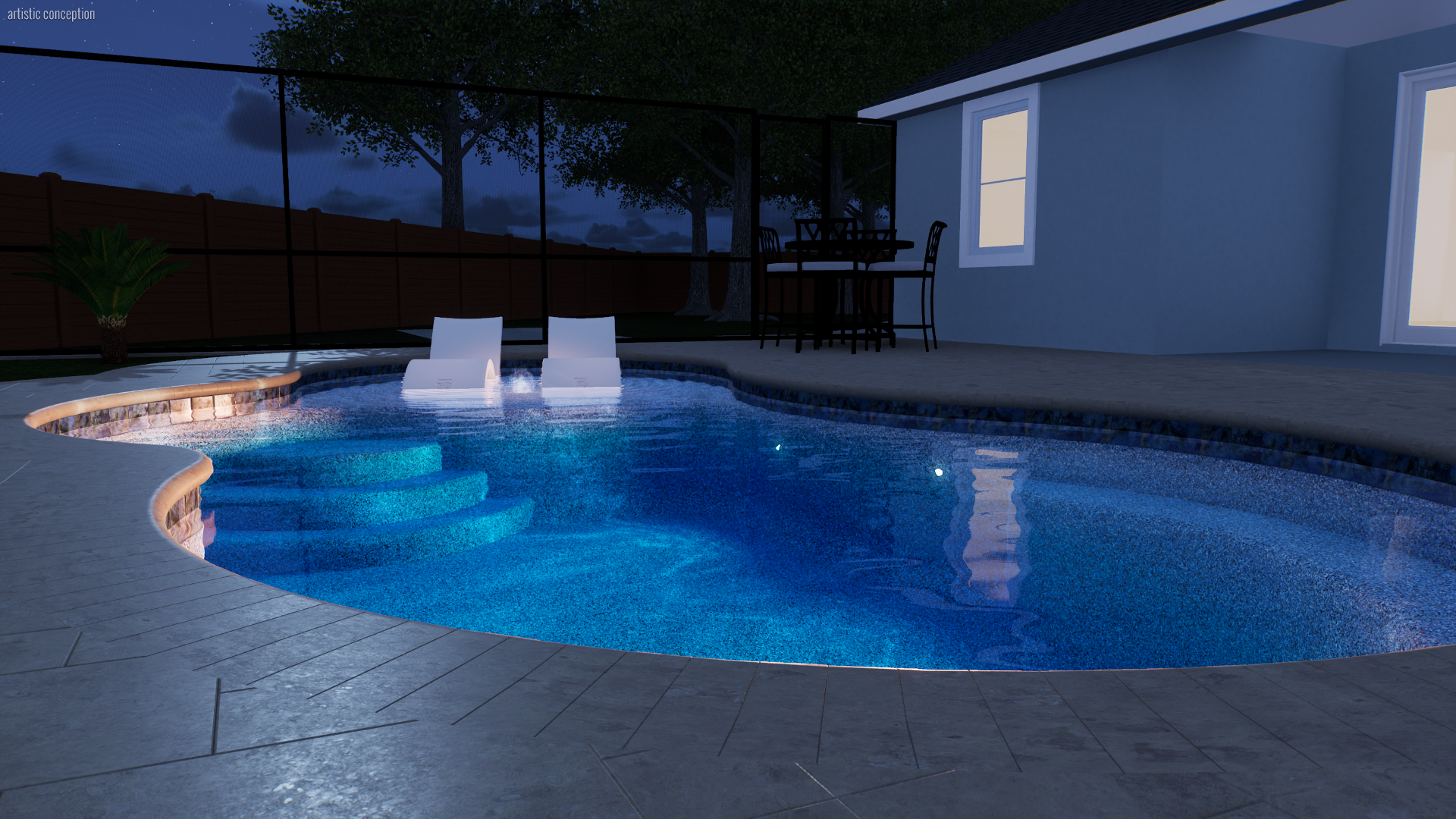 Nighttime view of a backyard swimming pool illuminated by underwater lights, with two white lounge chairs partially submerged at the pool's edge. In the background, there is a patio area with a table and chairs, a house with illuminated windows, a tr
