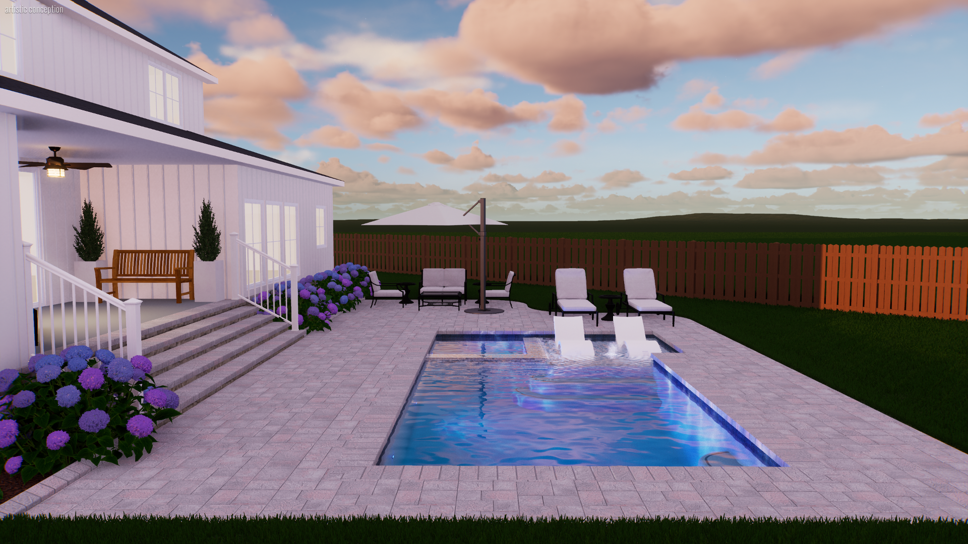 Backyard patio with a swimming pool, lounge chairs, outdoor seating, and flowering bushes under a sky with clouds.