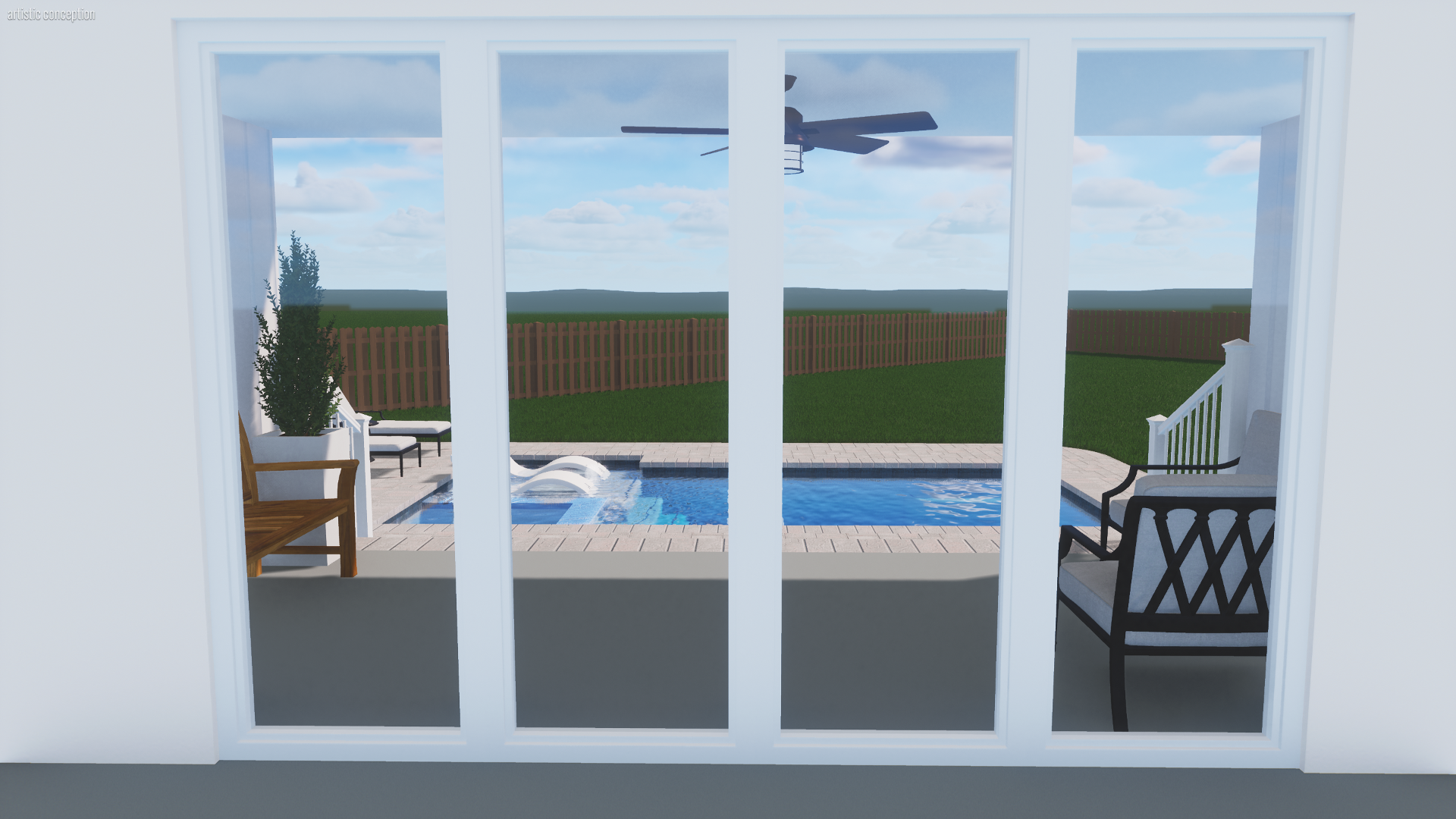 View of a backyard swimming pool seen through glass sliding doors, with outdoor seating including a wooden bench, a black chair, and a cushioned chair, a fence, and a alert fan visible in the background.