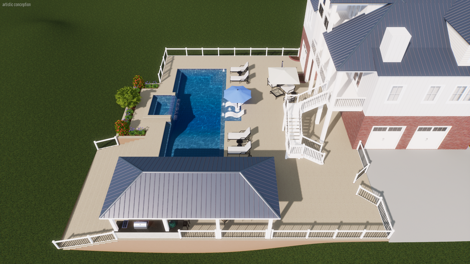 Aerial view of a backyard with a swimming pool, hot tub, lounge chairs with cushions, umbrellas, garden beds with flowers, a white deck and fencing, and a large white house with a blue roof.