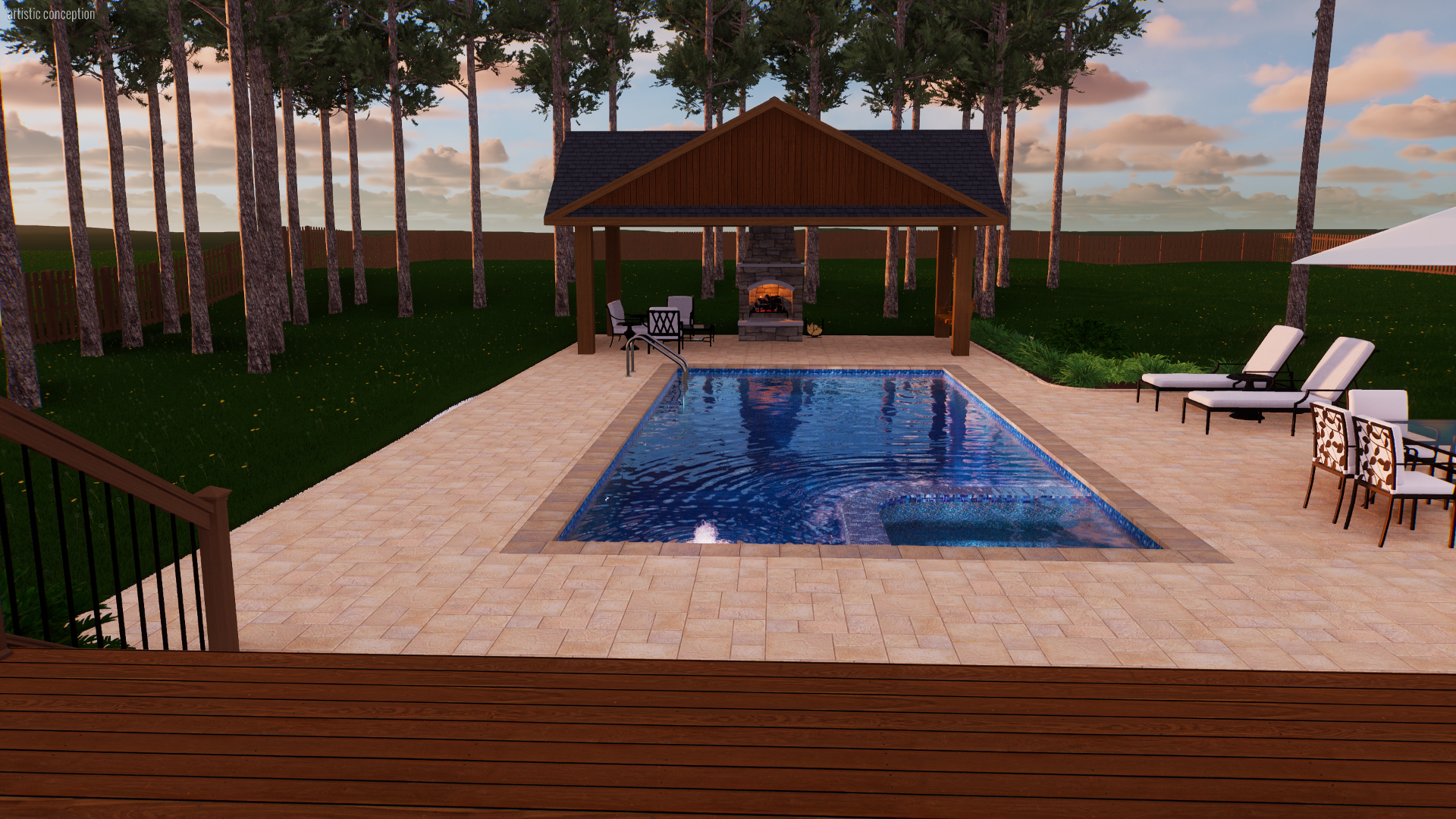 A backyard pool area with a swimming pool, surrounded by a deck with lounge chairs and a patio dining set, and a wooden shelter with a fireplace in a wooded yard.