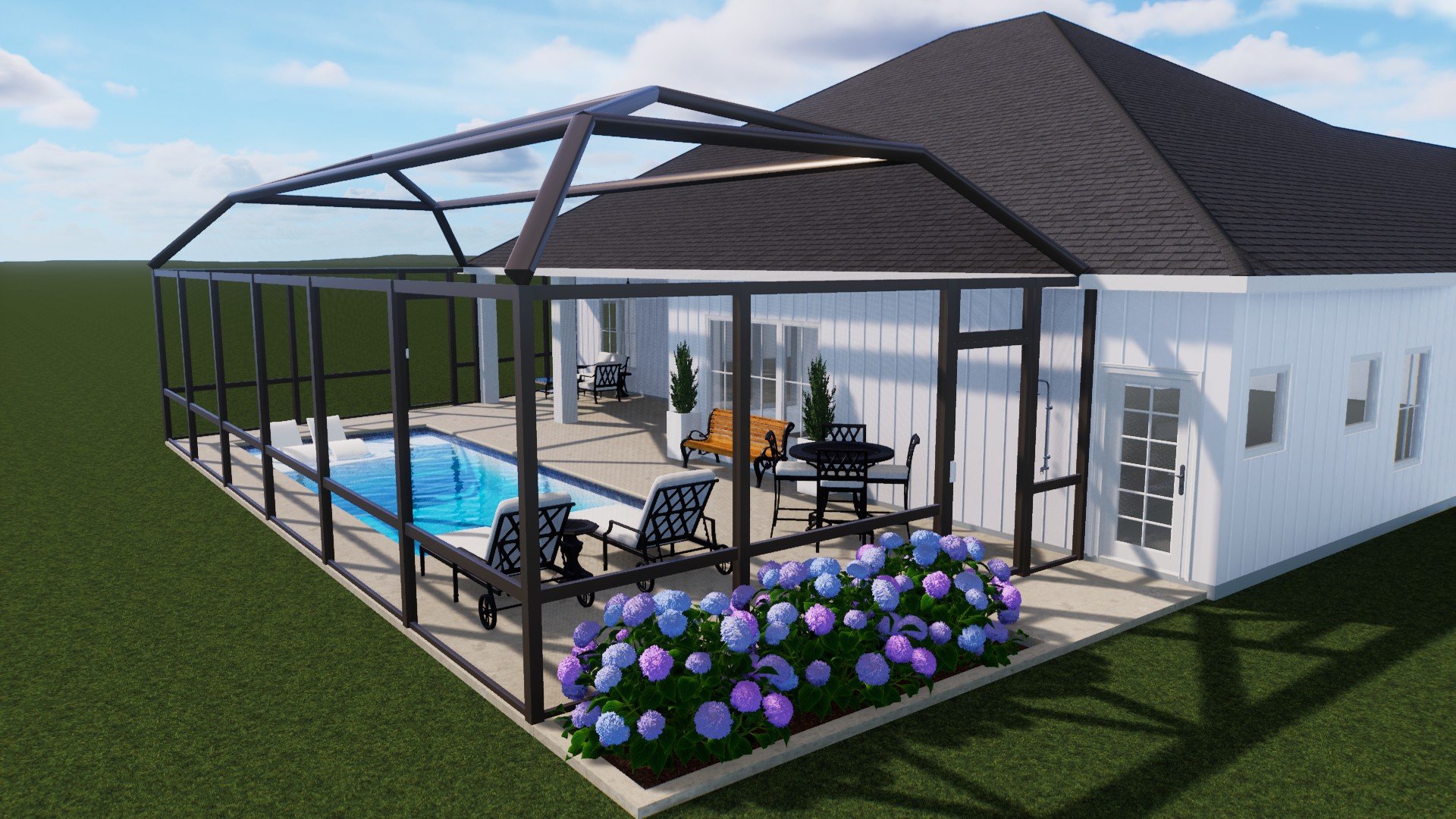 A screened-in backyard patio with outdoor furniture, a small pool, and blooming hydrangeas in front.