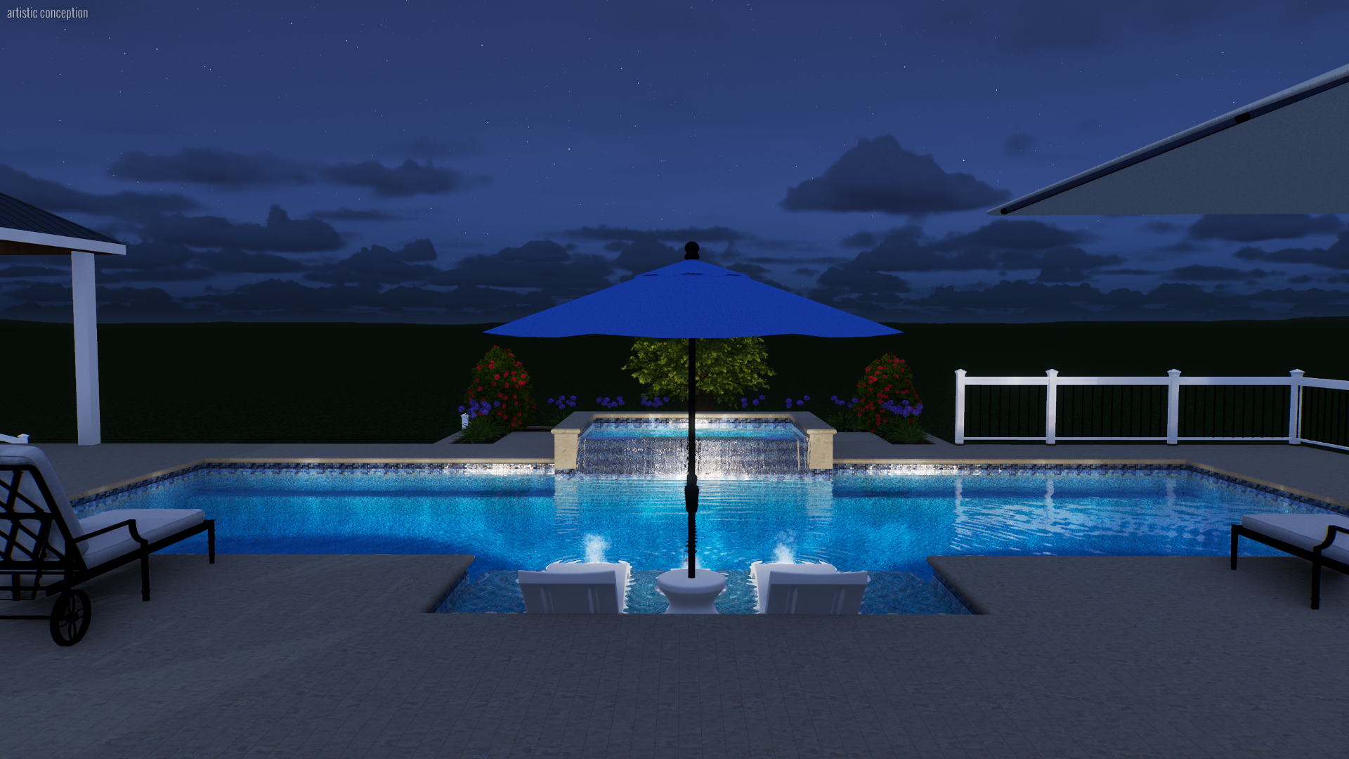 Night view of a backyard swimming pool with illuminated features, surrounded by a white fence and patio furniture, with a large blue umbrella, potted plants, and a scenic cloudy sky in the background.