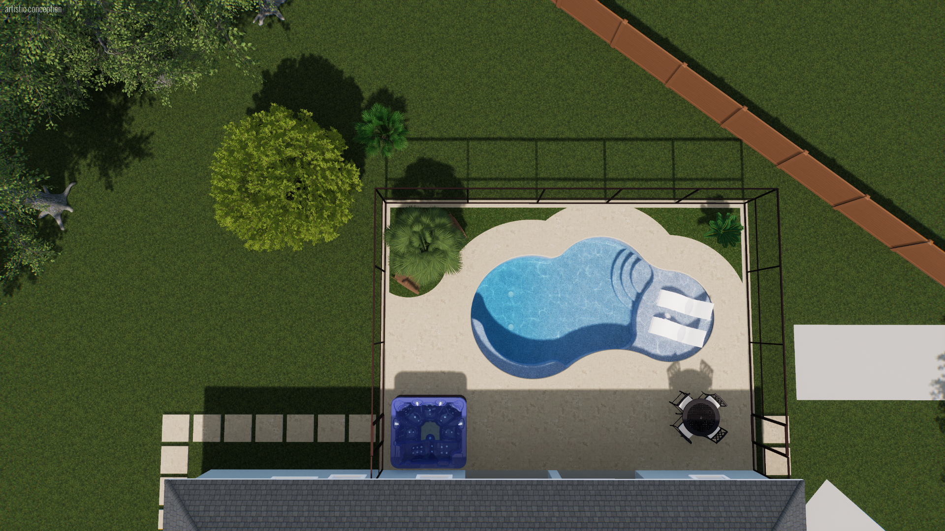 A backyard view with a fenced off swimming pool, a hot tub, two lounge chairs, a small round table with four chairs, surrounded by green grass and trees.