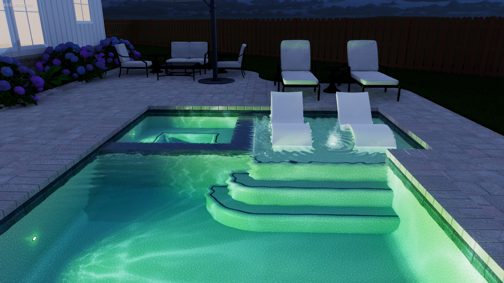 Night view of a backyard with a lit swimming pool and spa, surrounded by garden furniture, flowers, and enclosed by a wooden fence.