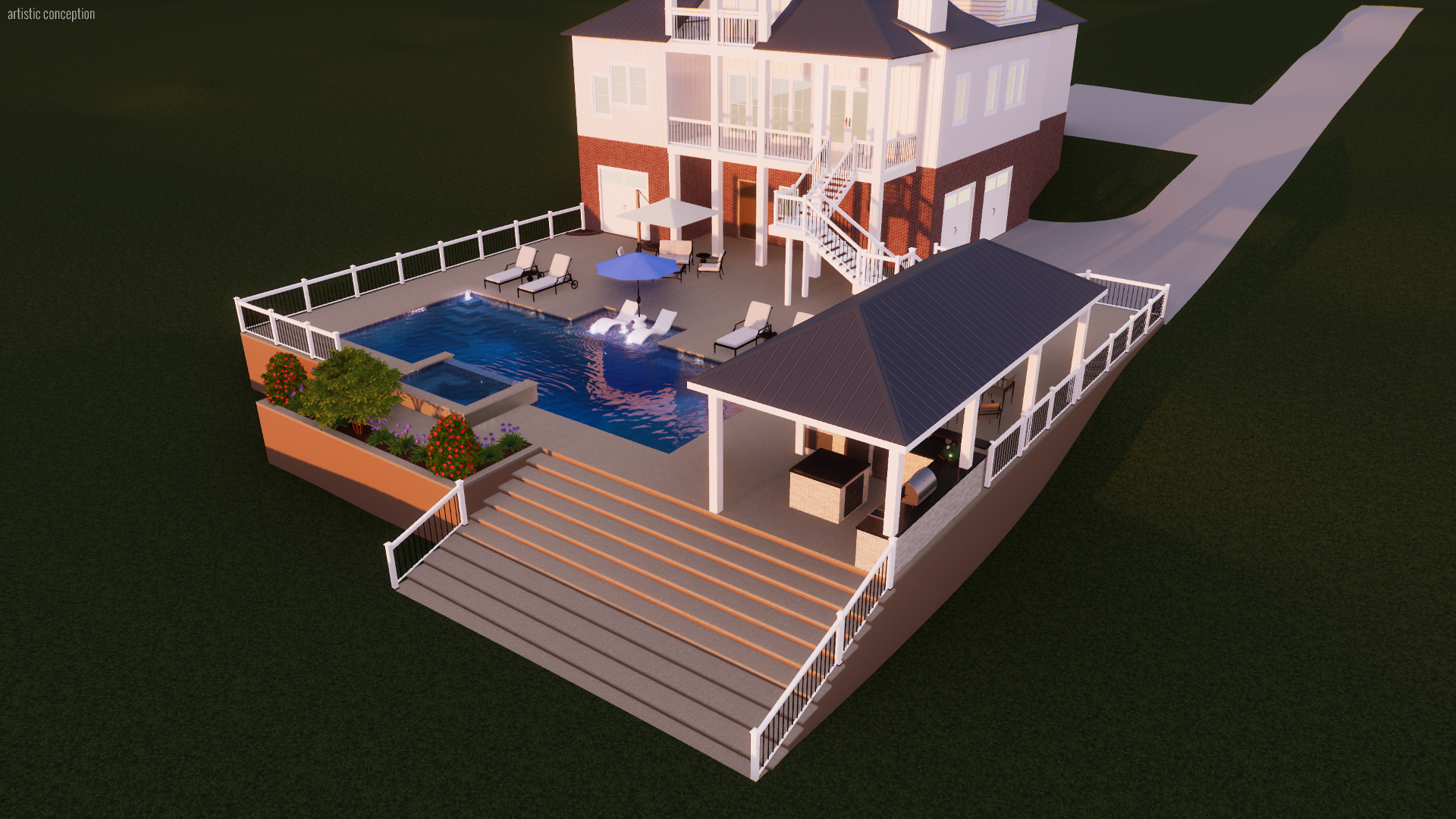 Rendering of a house with a backyard featuring a swimming pool, outdoor lounge area with chairs and umbrellas, and a covered bar or kitchen area. The house has multiple levels with stairs and large windows.