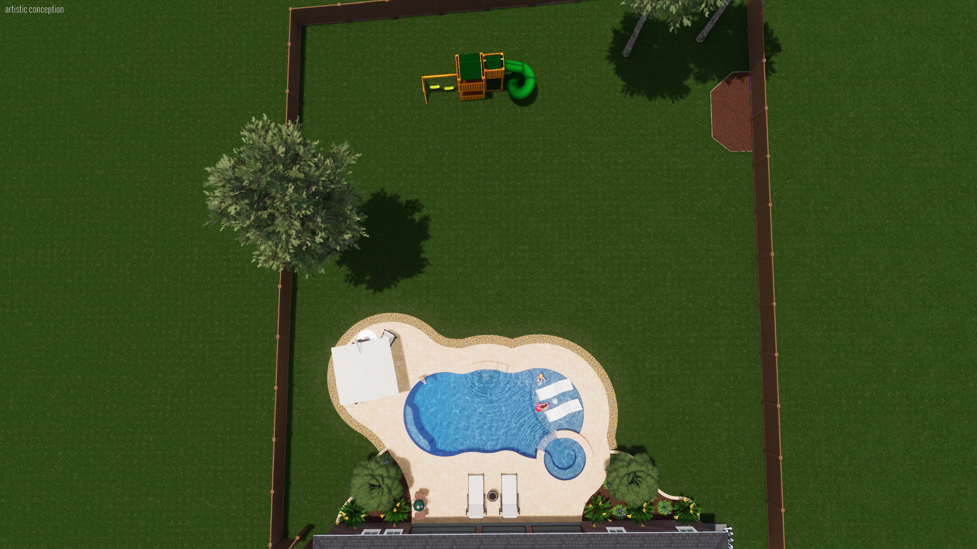 A backyard with a green lawn, a swimming pool with two lounge chairs and a small circular spa, a large tree, a play structure with a slide, and surrounding fencing.