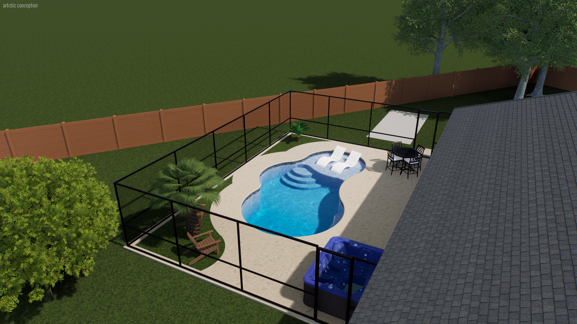 A backyard swimming pool area enclosed by a black fence, with a hot tub in the corner, two lounge chairs in the pool, a small table with four chairs, and a potted plant, surrounded by grass and trees, with a brown fence and a house roof nearby.