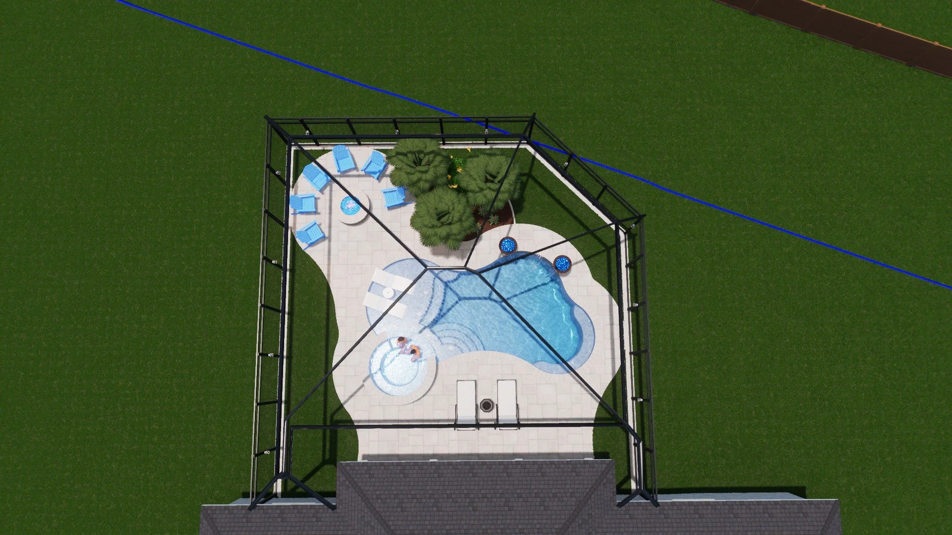 A backyard with a screened-in pool enclosure, a swimming pool, a hot tub, lounge chairs, and a lush green lawn.