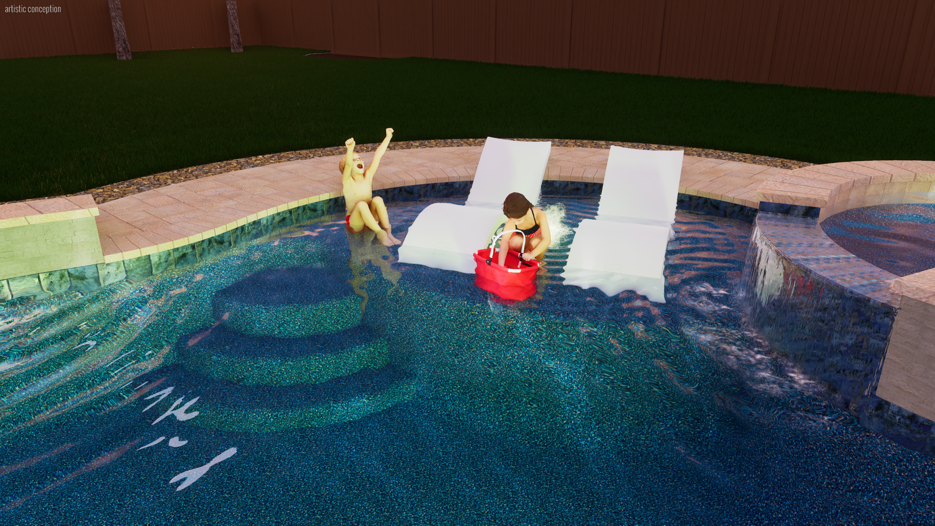 A backyard swimming pool with a woman and a child. The woman is sitting in the pool with her head near a red bag, and the child, wearing red swimwear, is sitting on a pool chair with an arm raised in the air. The pool has stairs and two white lounge 