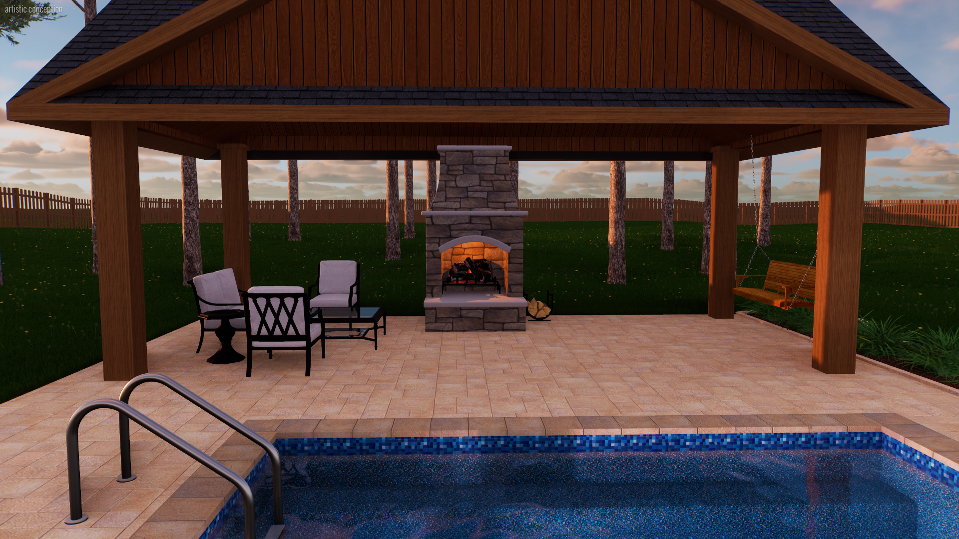 Backyard patio with a swimming pool in the foreground, an outdoor fireplace with a fire burning, a wooden covered pavilion, outdoor furniture, a swing on the right, and a grassy area with trees and a wooden fence in the background.