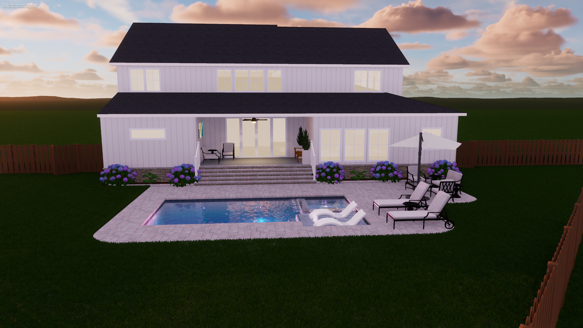 Two-story white house with large windows, a backyard with a swimming pool, lounge chairs, patio furniture, an umbrella, and landscaped flower beds, under a partly cloudy sky.