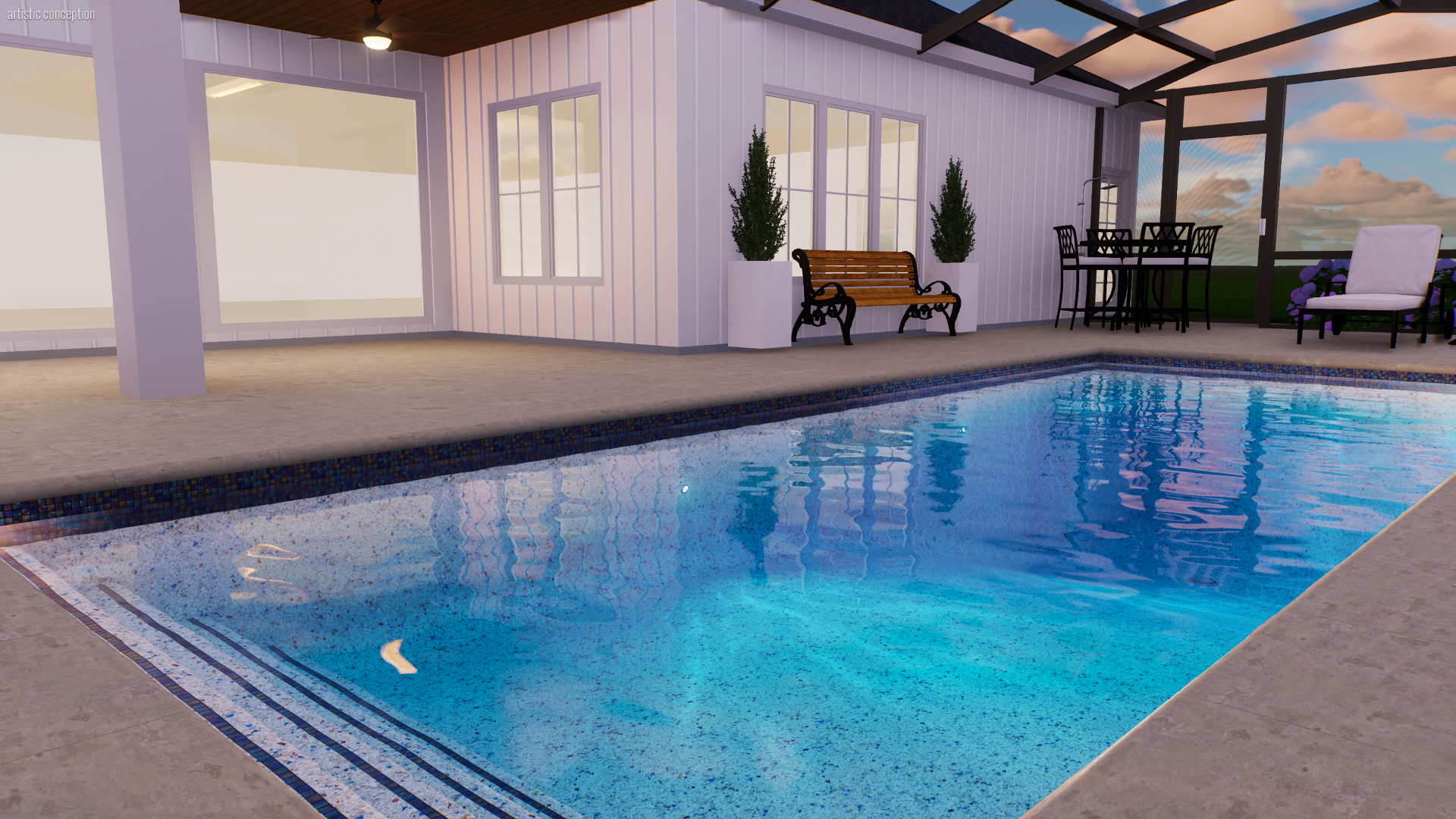 An indoor swimming pool area with a covered patio, white paneled walls, and large windows. There are two potted plants, a wooden bench, and outdoor furniture including a table with chairs and a lounge chair with purple flowers nearby. The pool has bl