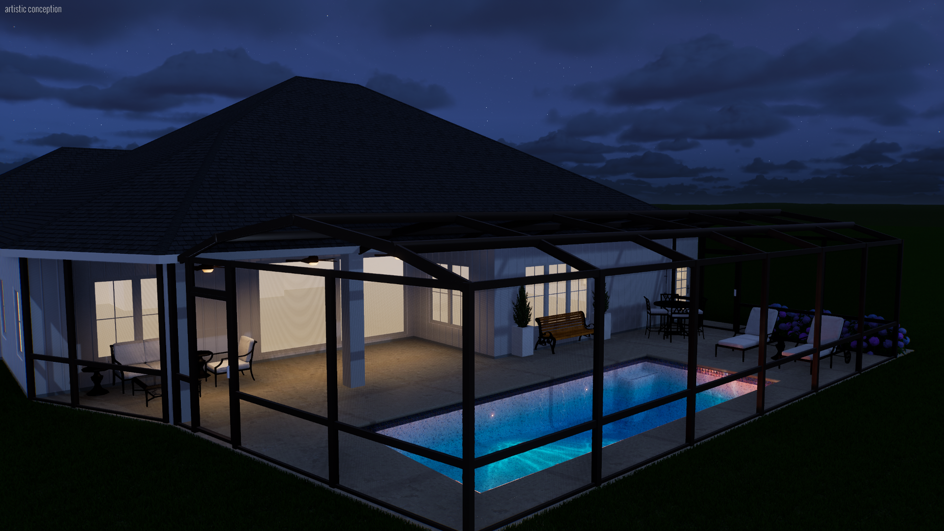 Nighttime view of a house with a screened-in porch and a lit swimming pool, decorated with outdoor furniture and potted plants.