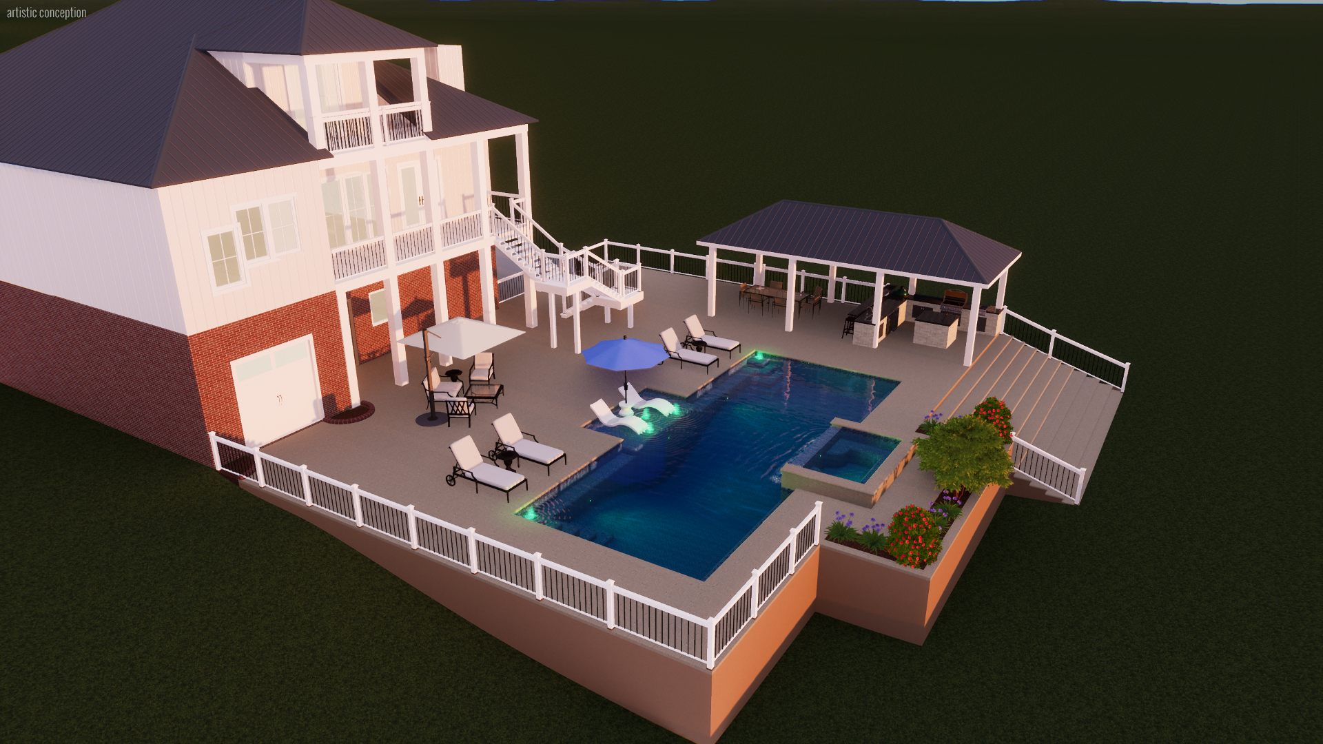 Aerial view of a backyard with a pool, hot tub, patio furniture, umbrella, and a two-story house with a deck and a gazebo.