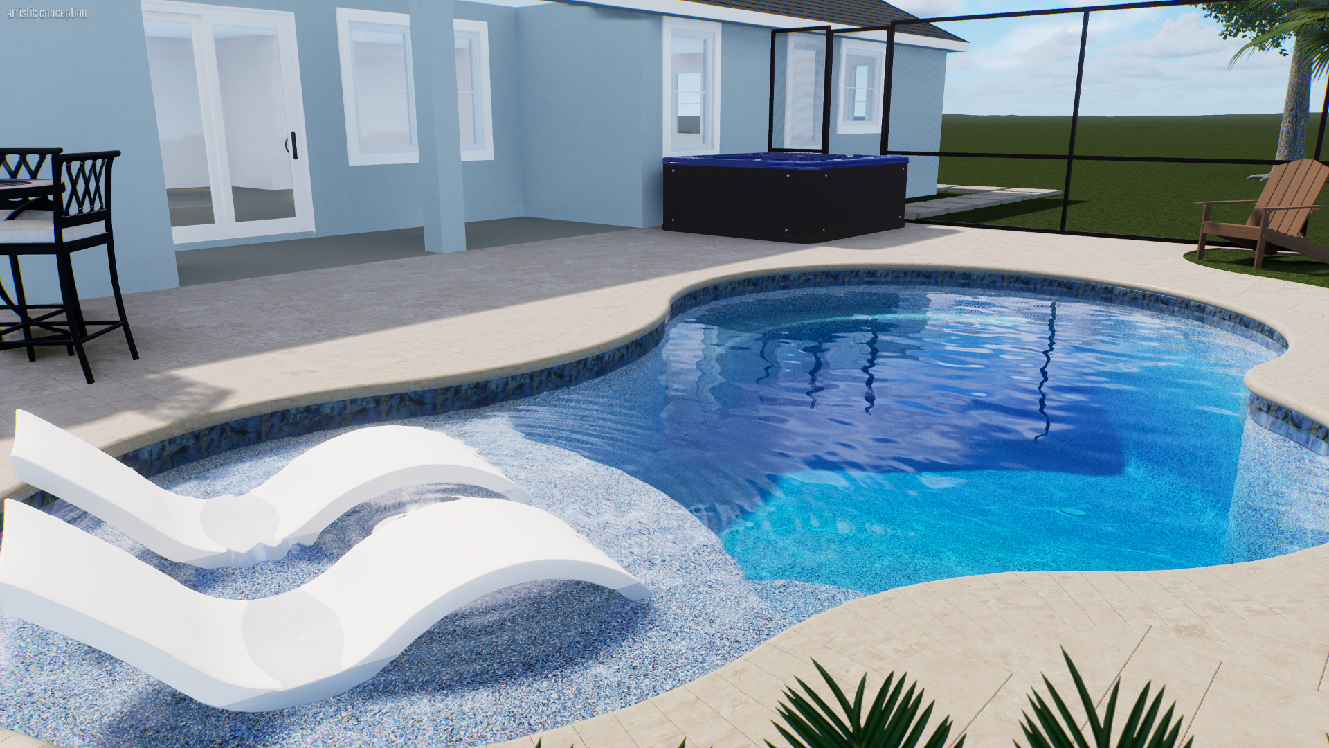 Backyard pool area with a small water slide, hot tub, and lounge chair, enclosed by a screened porch with a green grassy yard outside.