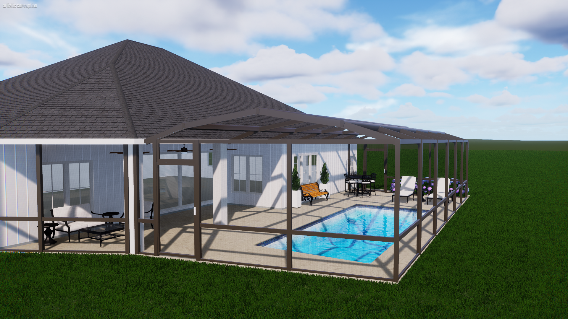 A backyard swimming pool surrounded by a screened enclosure attached to a house with sliding glass doors, outdoor furniture, and decorative plants, under a partly cloudy sky.