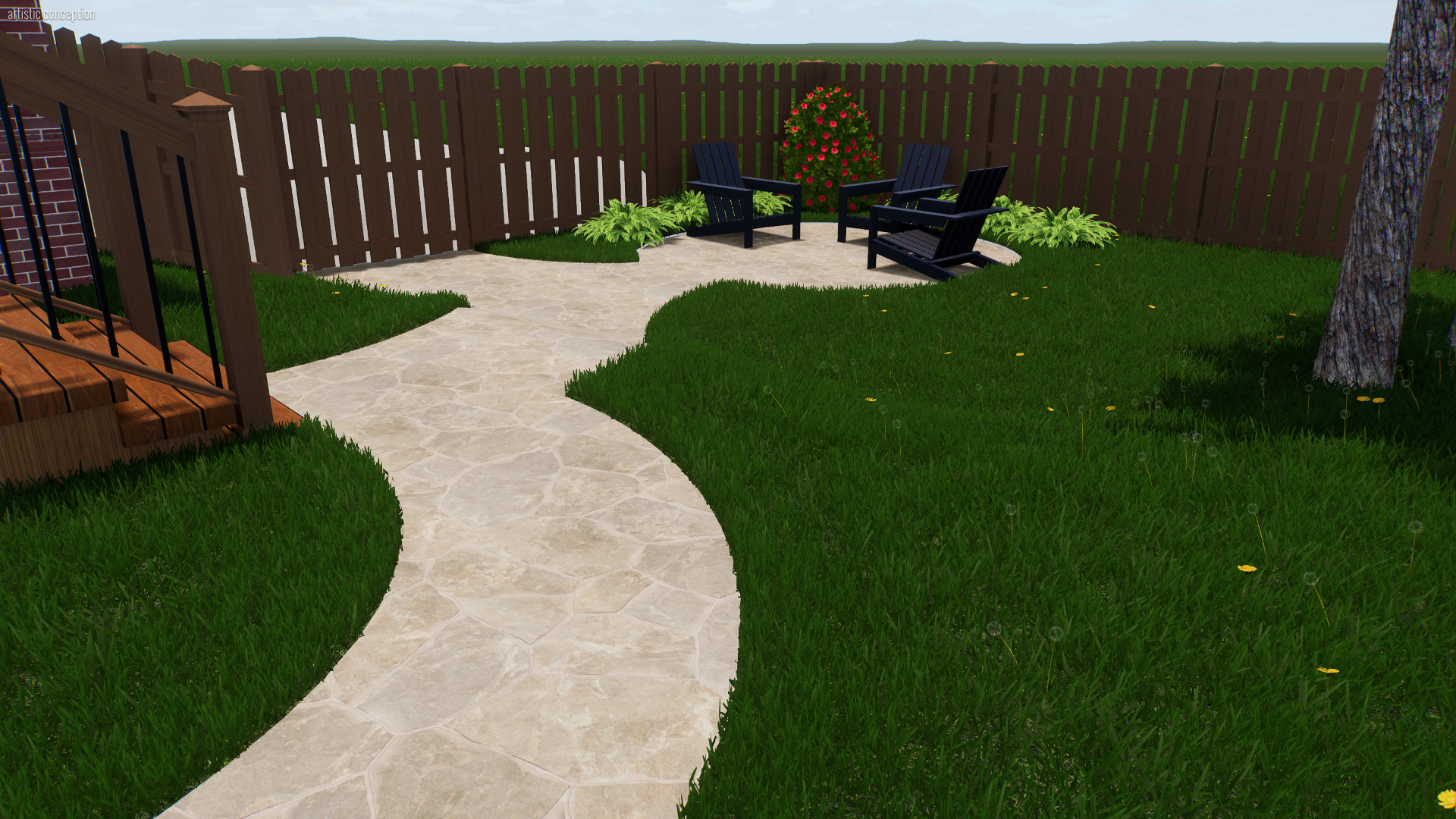 A backyard with a stone pathway leading to a small circular patio with four black wooden chairs, a pink flowering bush, and greenery, enclosed by a wooden fence, with a tree trunk on the right side.