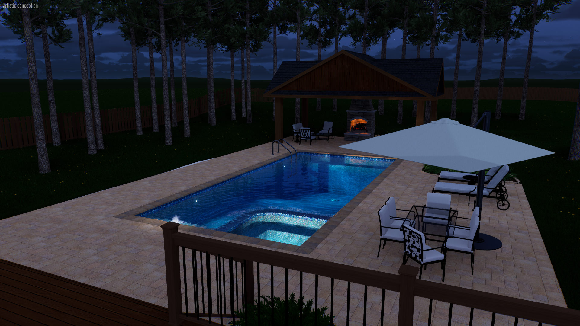Nighttime backyard scene featuring a lit swimming pool with a hot tub, surrounded by patio furniture including chairs, tables, and large umbrellas. There is a gazebo with outdoor seating and a fireplace in the background, with tall trees and a wooden