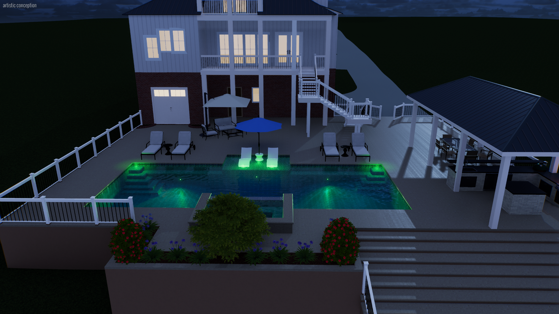 Nighttime backyard with illuminated swimming pool, patio furniture, umbrella, stairs, and a house with lit windows.