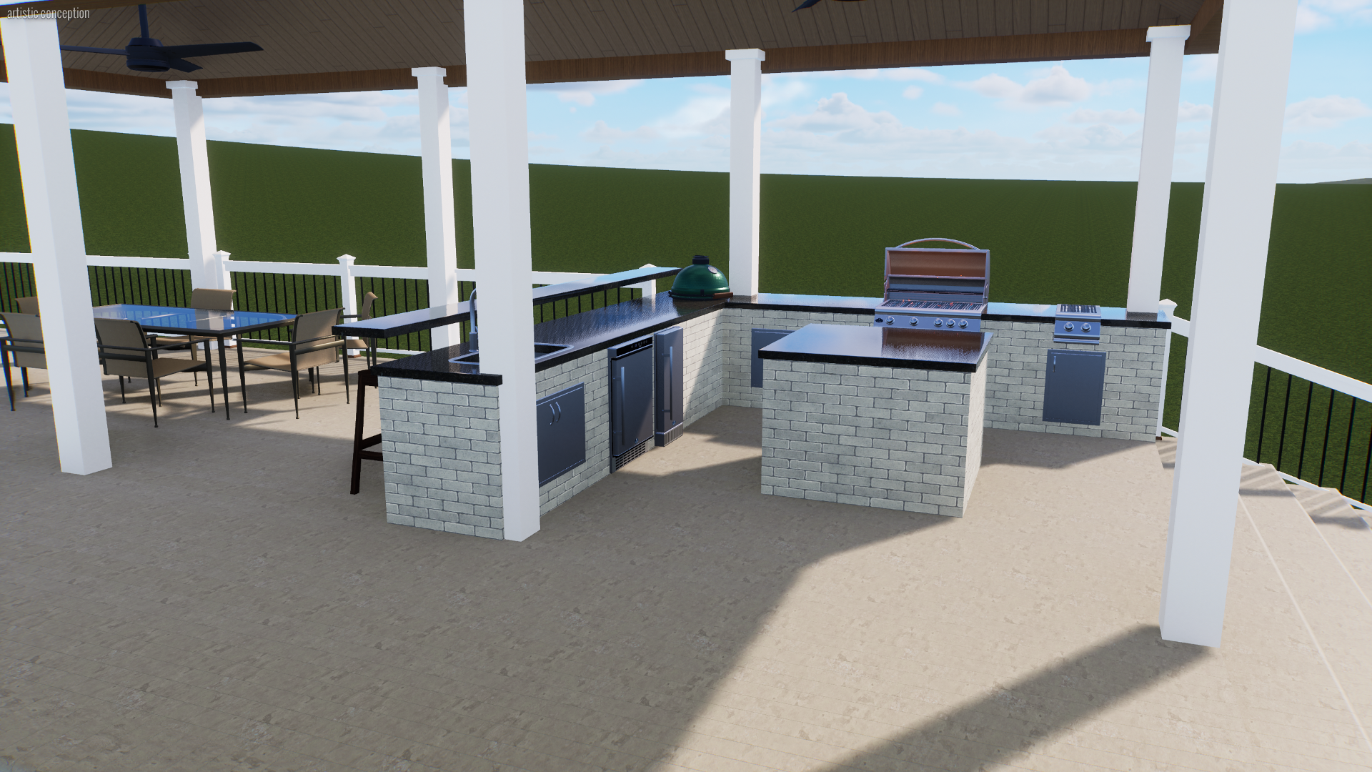 Outdoor kitchen and patio with stainless steel grill, brick counters, dining table with chairs, surrounded by white pillars, overlooking grassy area under partly cloudy sky.