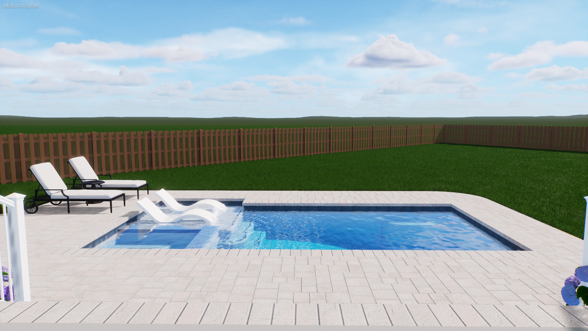 Backyard with a swimming pool, two lounge chairs, a lawn, and a wooden fence under a partly cloudy sky.