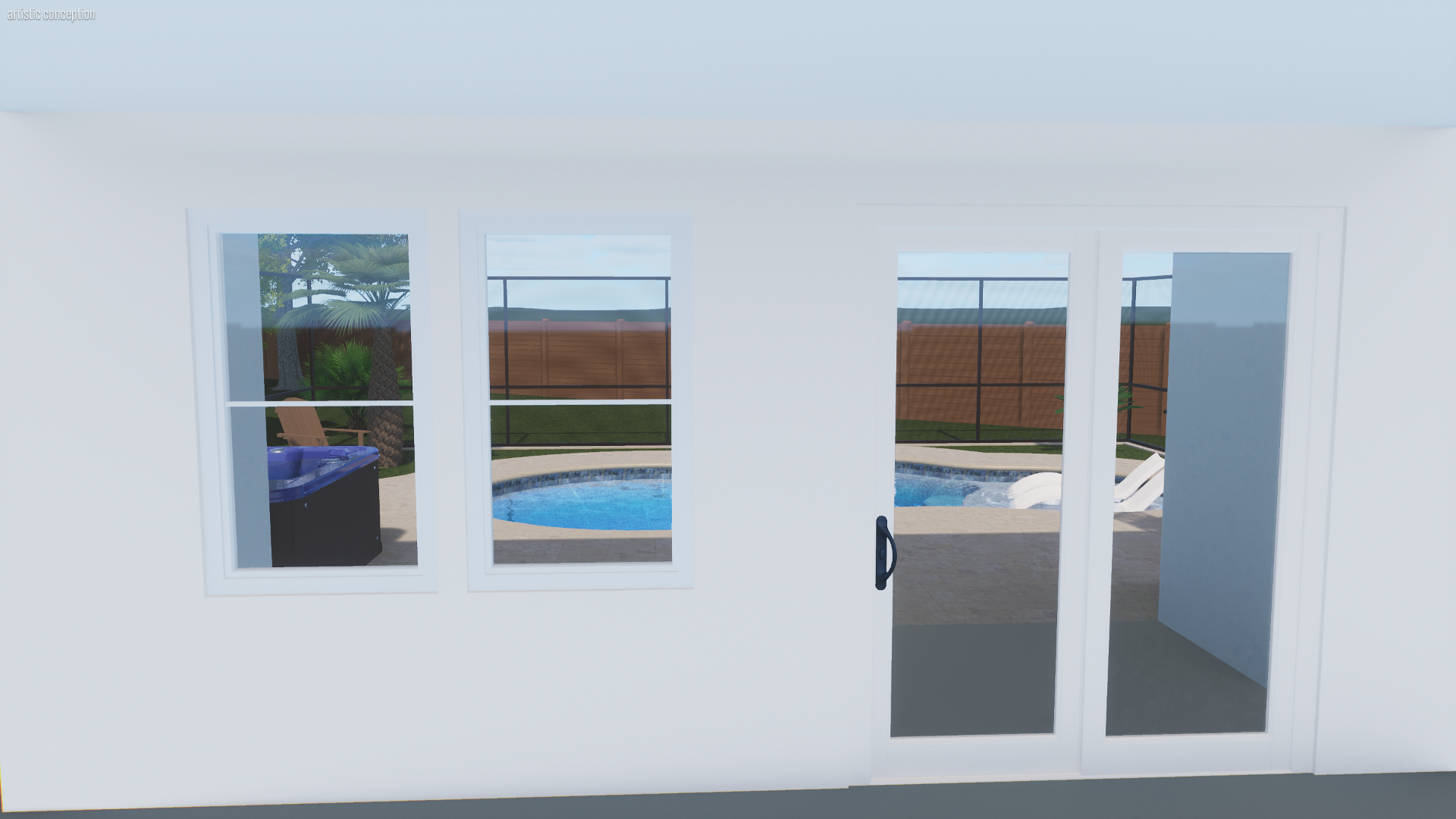 View of a backyard pool area through glass sliding doors and windows, with poolside lounge chairs and a hot tub visible outside.