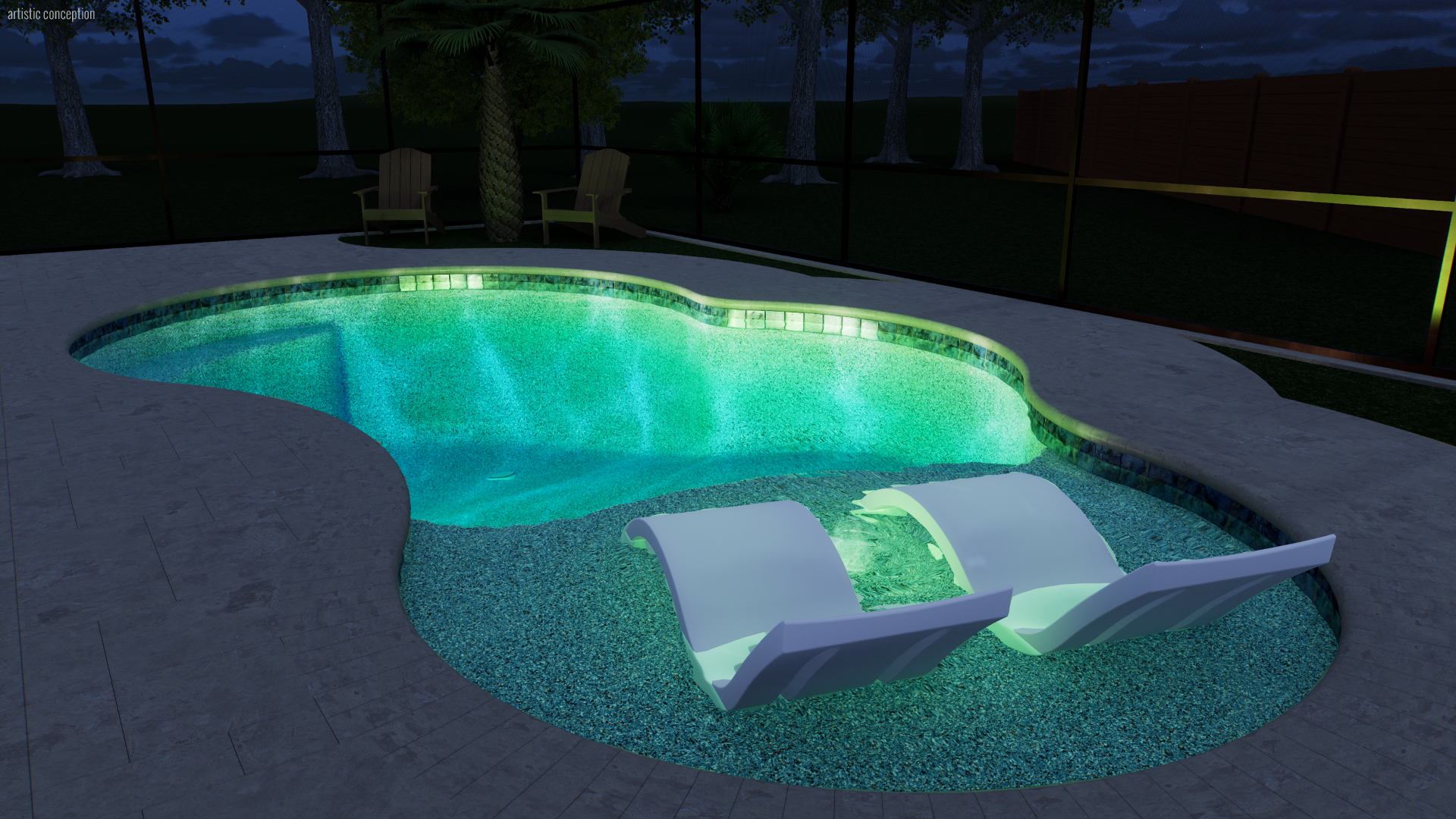 Nighttime scene of a backyard swimming pool with built-in steps, illuminated with underwater lighting. Two white lounge chairs are partially submerged in the shallow end. The pool area is enclosed by a screened enclosure, with trees and a wooden fenc