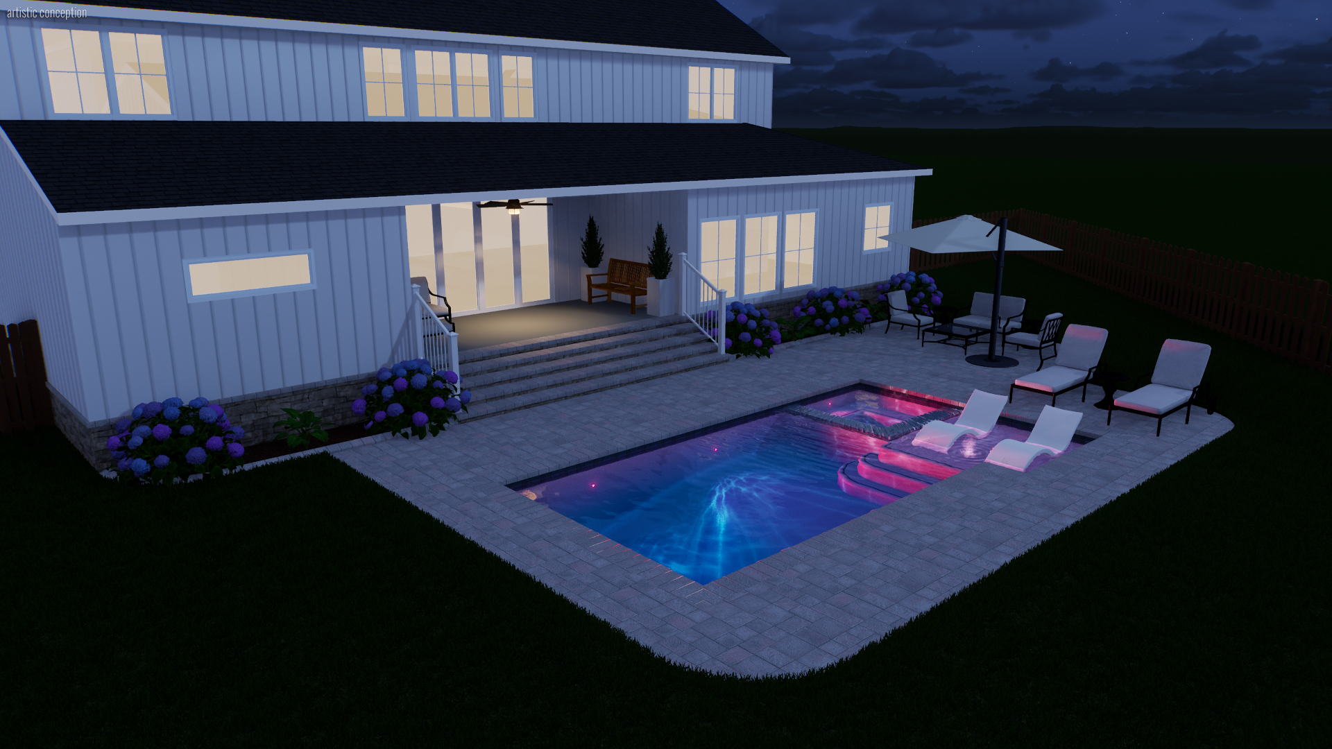 Nighttime view of a backyard with a lit swimming pool, patio furniture under a large umbrella, and a two-story house with illuminated windows.