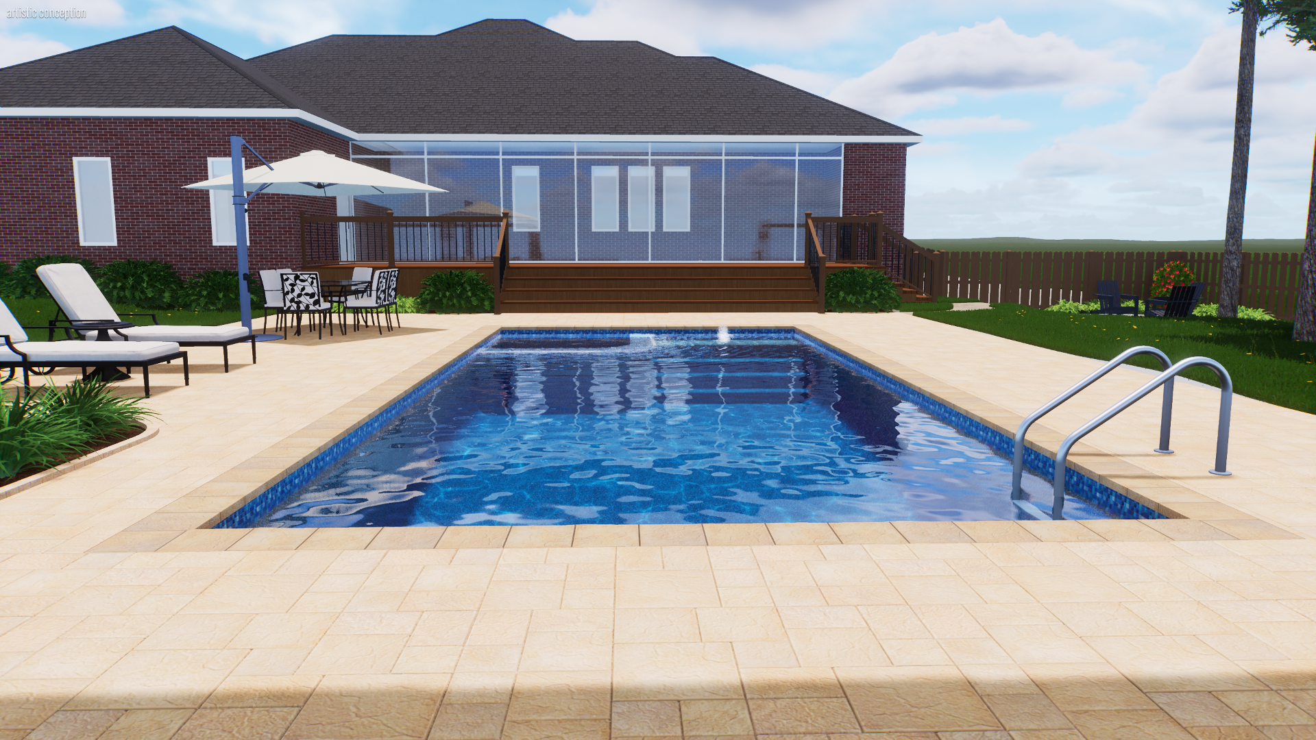 A backyard swimming pool with a wooden deck, patio furniture, lounge chairs, an umbrella, and a fenced grassy area with trees and outdoor seating, with a house in the background.