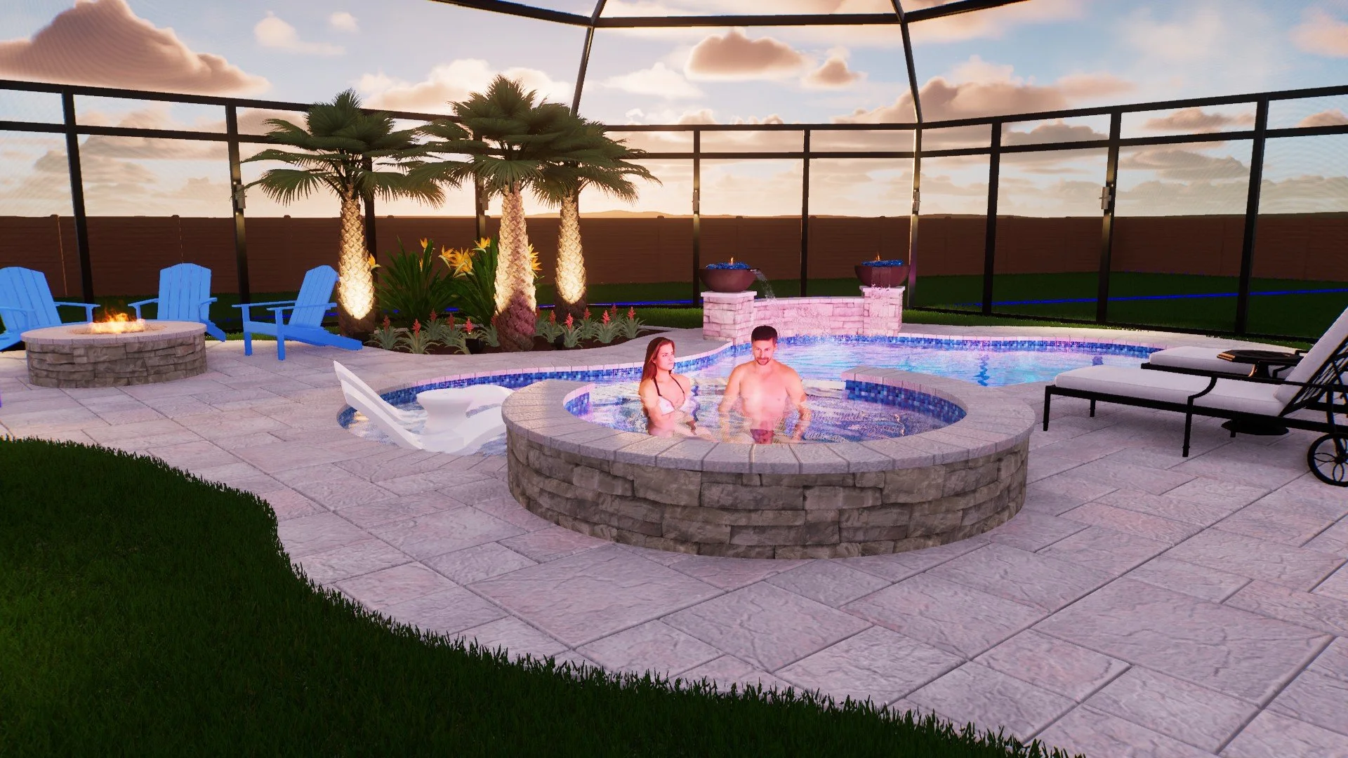 A couple is enjoying themselves in a backyard hot tub, surrounded by lounge chairs, a fire pit, and palm trees with sunset in the background.
