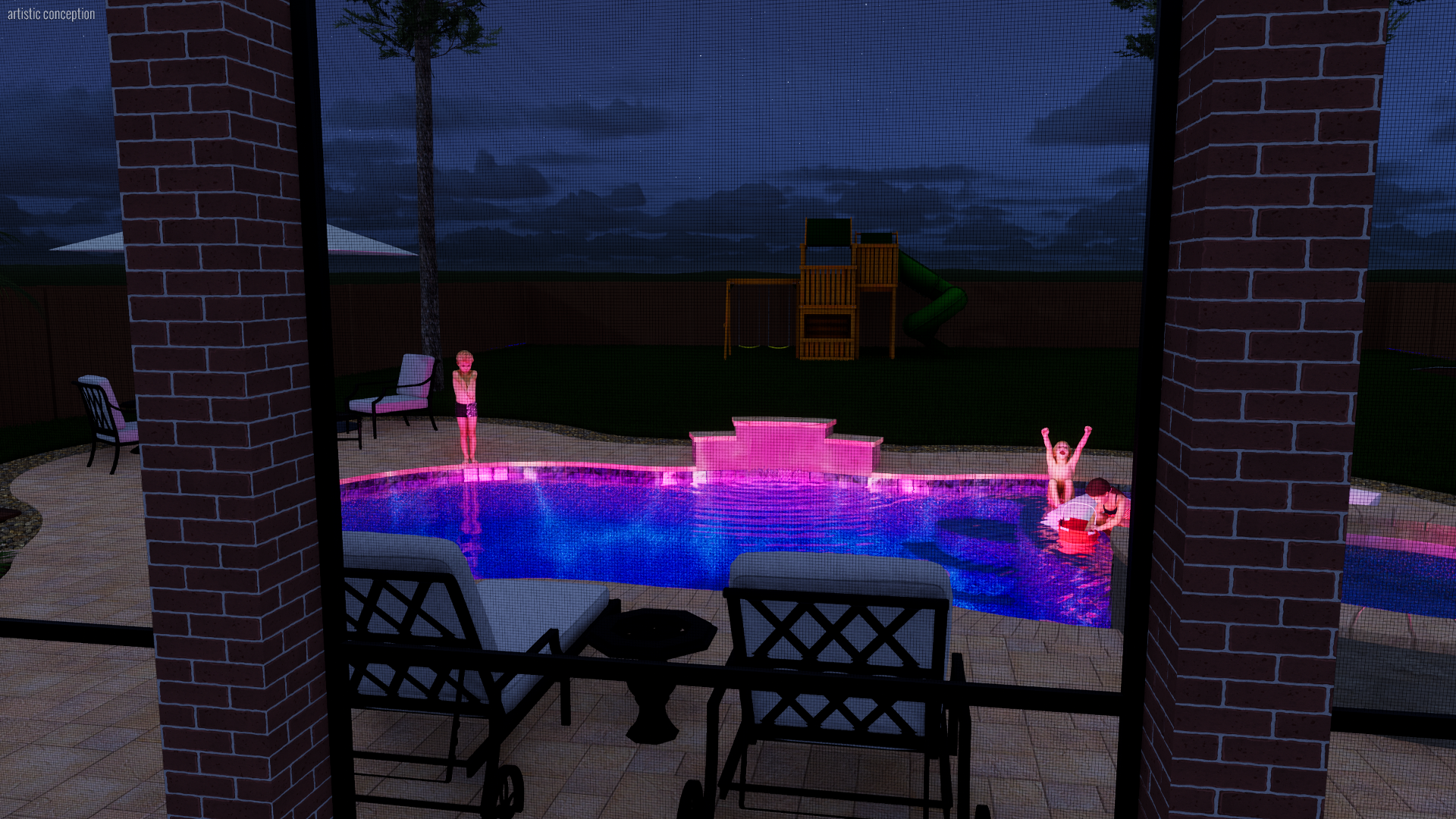 Nighttime view through a screened porch showing a backyard with a lit swimming pool, children playing in the pool, patio furniture, and a playground in the background.