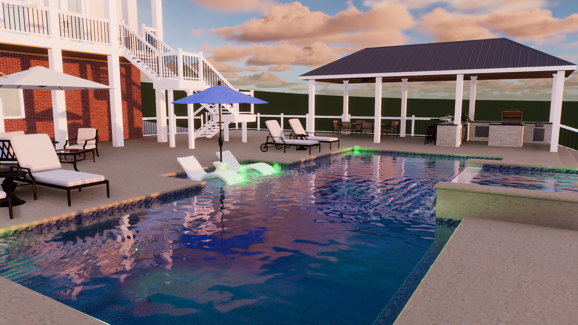 A backyard with a swimming pool, lounge chairs, umbrellas, a shaded patio area with outdoor dining and a built-in grill, a staircase leading to an upper level, and a decorative waterfall feature with green lighting at sunset.