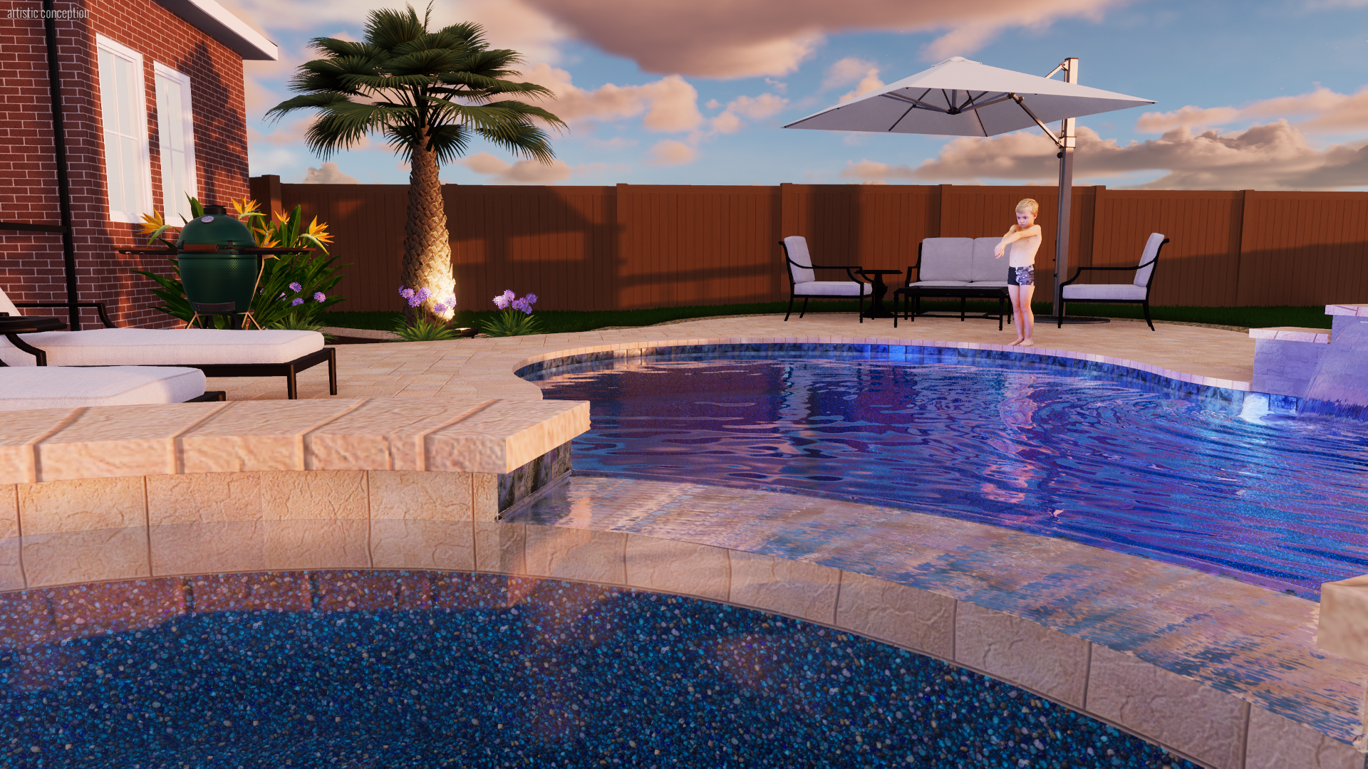 A backyard scene with a swimming pool surrounded by stone paving, outdoor furniture including a table with chairs and a large umbrella, a small child standing near the pool, a palm tree, flowers, and a brick house with windows, under a partly cloudy 