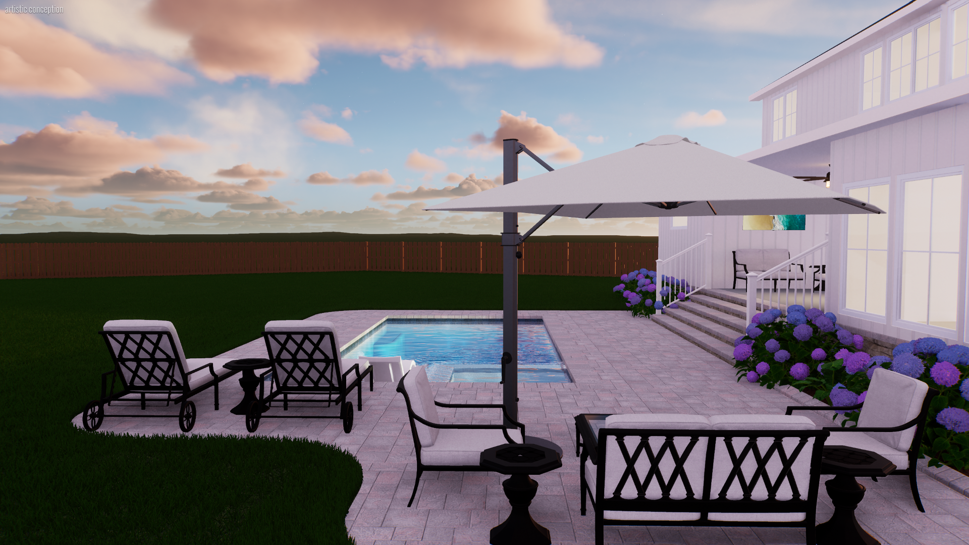 Backyard patio with a small swimming pool, lounge chairs, an umbrella, and a white house with stairs and large windows, surrounded by purple hydrangea flowers under a partly cloudy evening sky.