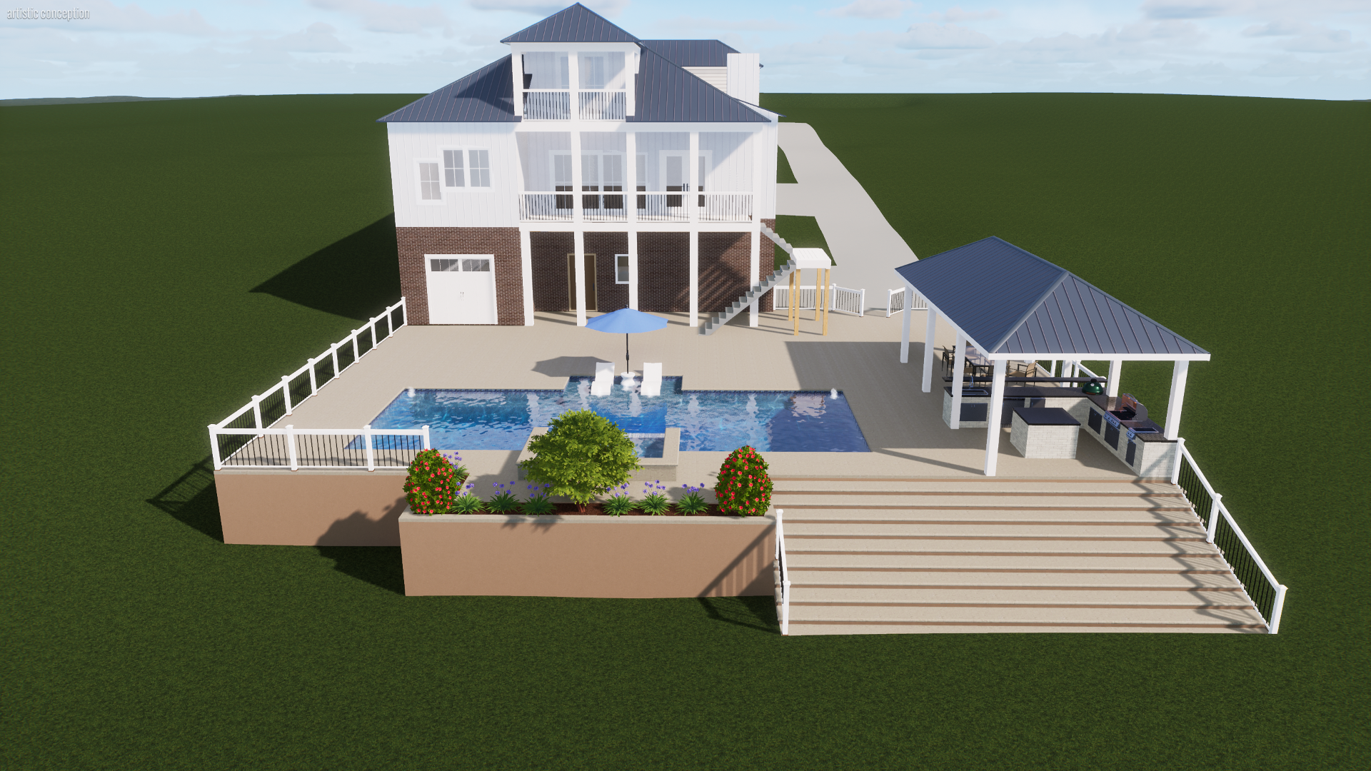 A large backyard with a swimming pool, a patio area with an umbrella and lounge chairs, a raised deck with stairs, a gazebo with an outdoor kitchen, and a modern a-frame house in the background.