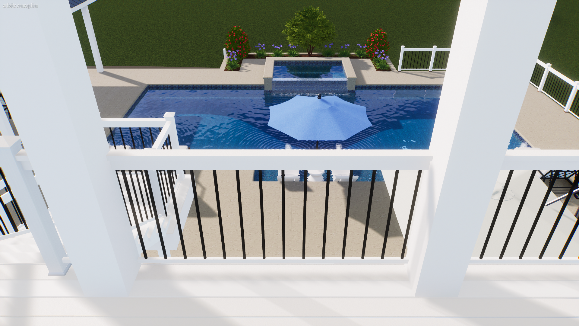 View of a backyard swimming pool from a balcony, with a blue umbrella over the pool, surrounded by a concrete deck, a small waterfall feature, and a garden with flowers and small shrubs in the background.