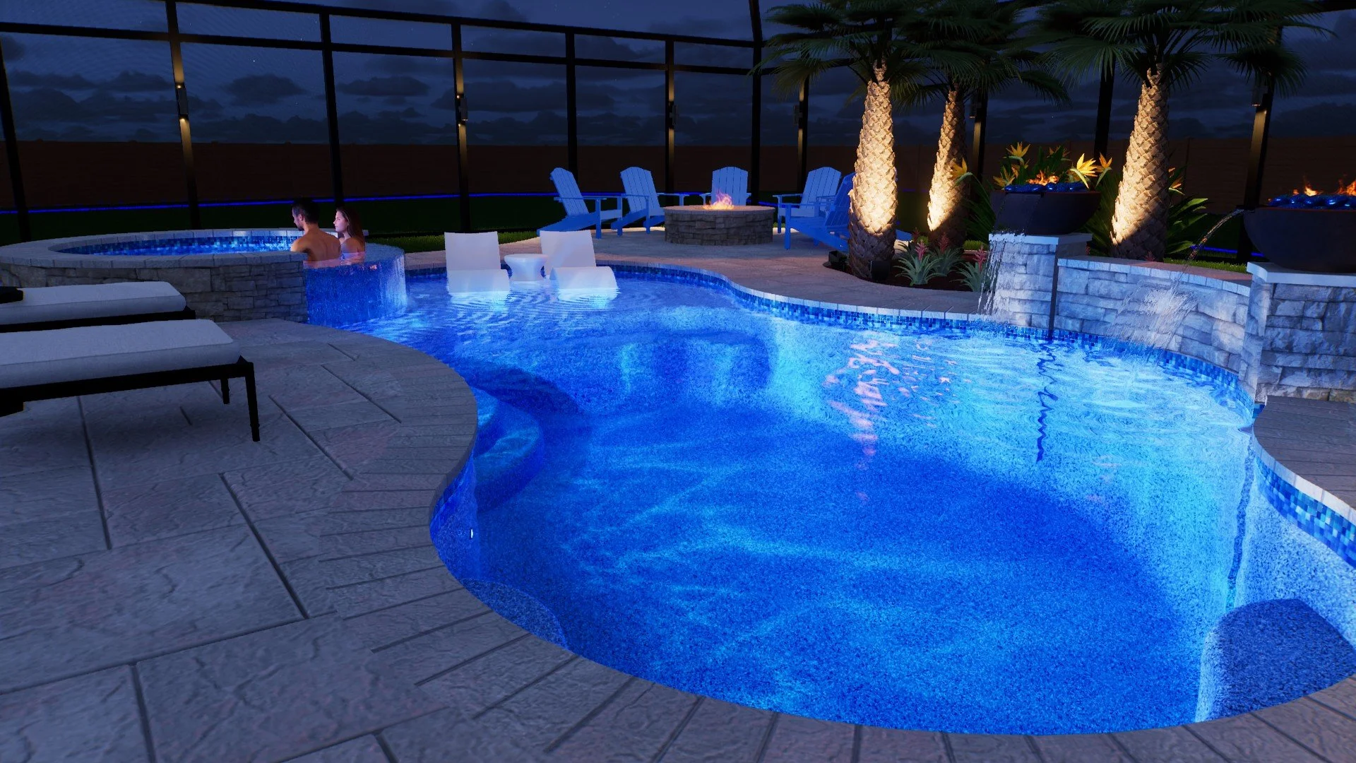 Nighttime view of a luxurious outdoor pool area with blue LED lighting. There are two people relaxing in a hot tub, surrounded by lounge chairs, potted plants, and tall palm trees. The area is enclosed by large glass panels with a cloudy sky visible 