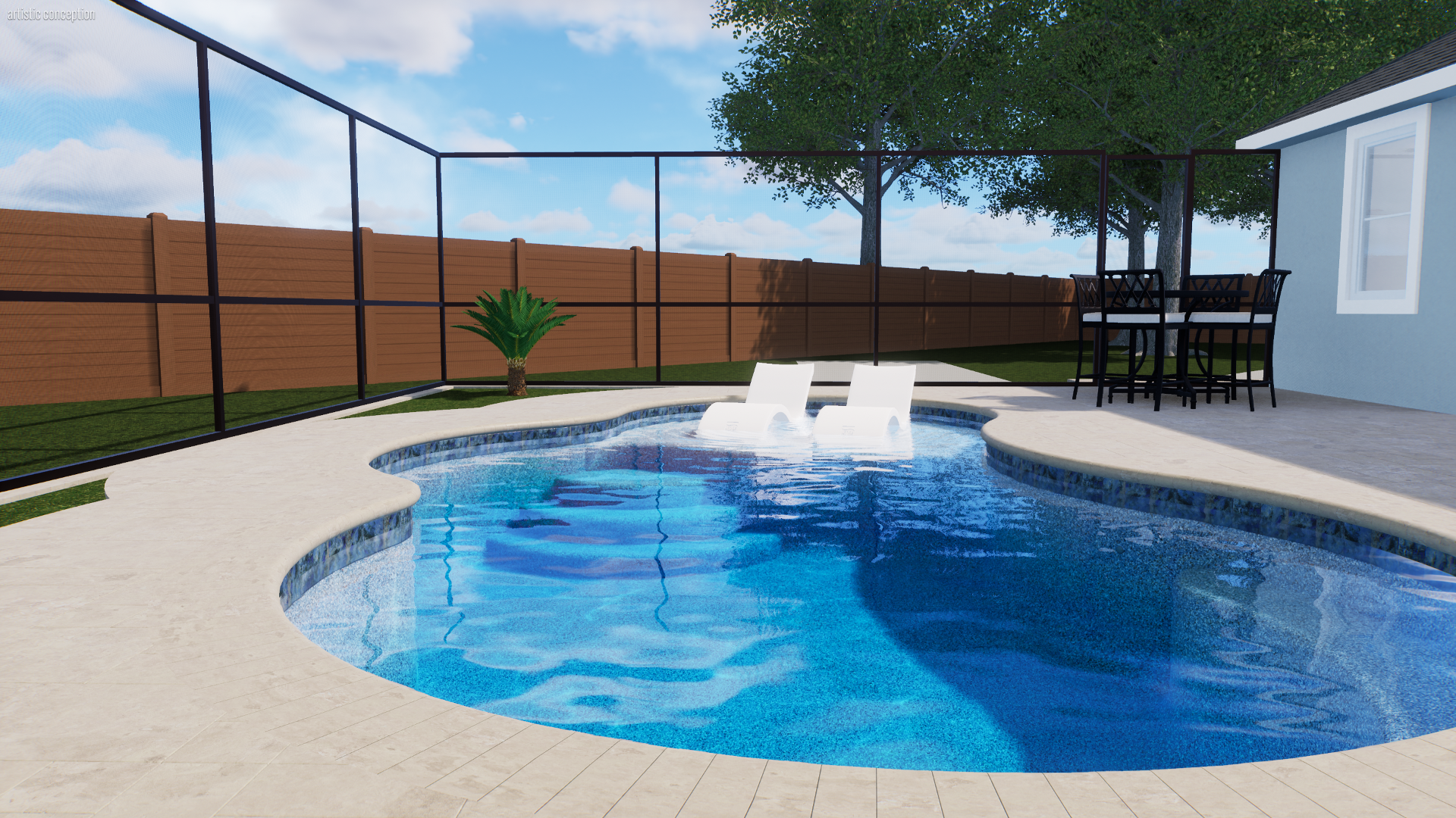 Backyard pool area with a kidney-shaped pool, two white lounge chairs, a black outdoor dining table with four chairs, a small palm tree, and a wooden privacy fence. There are two large trees and a blue house with a window. The sky is partly cloudy.