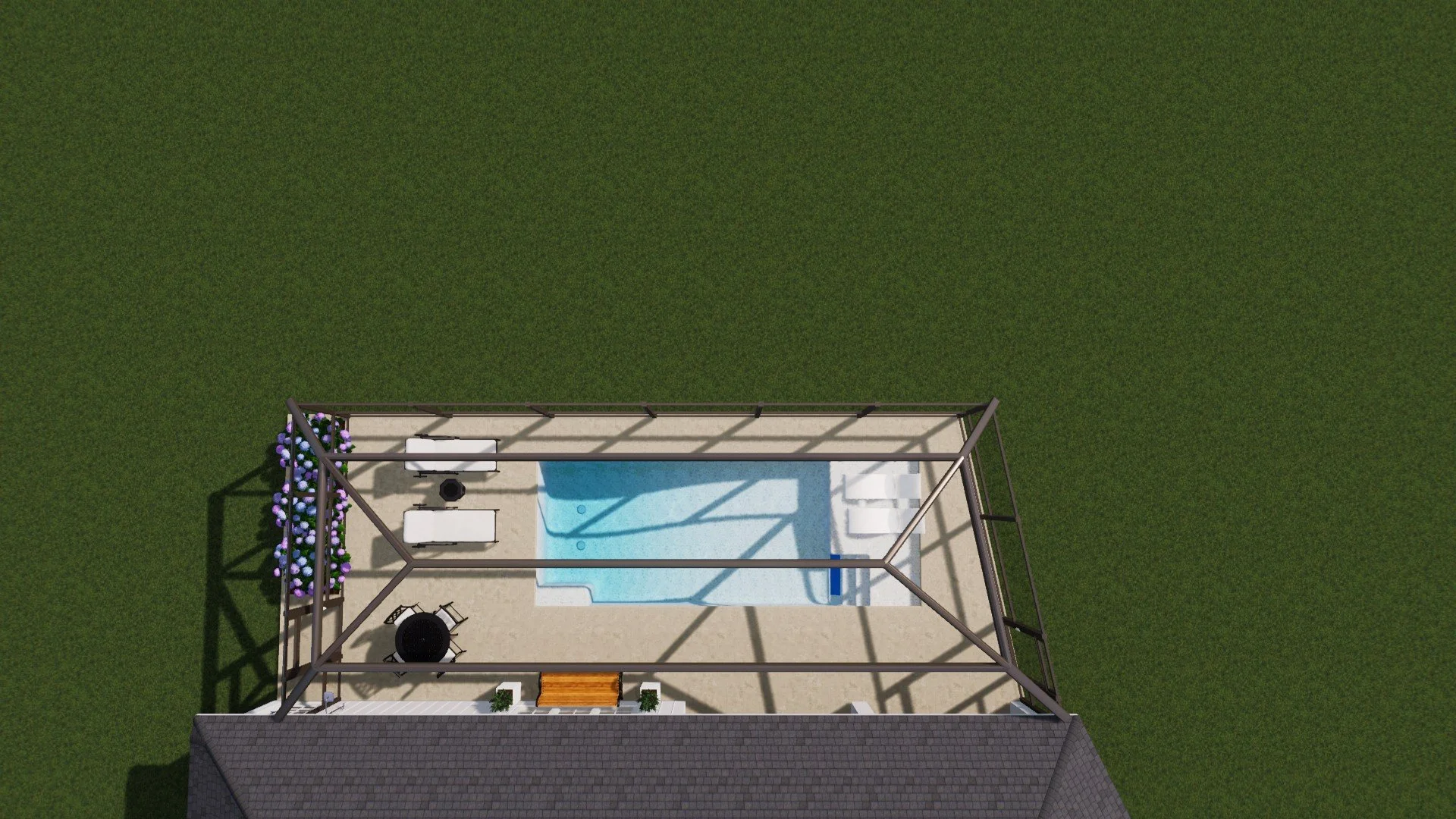 Top-down view of a screened-in backyard patio with a swimming pool, lounge chairs, a table, and purple flowers on the left side, with adjacent house roof visible at the bottom.