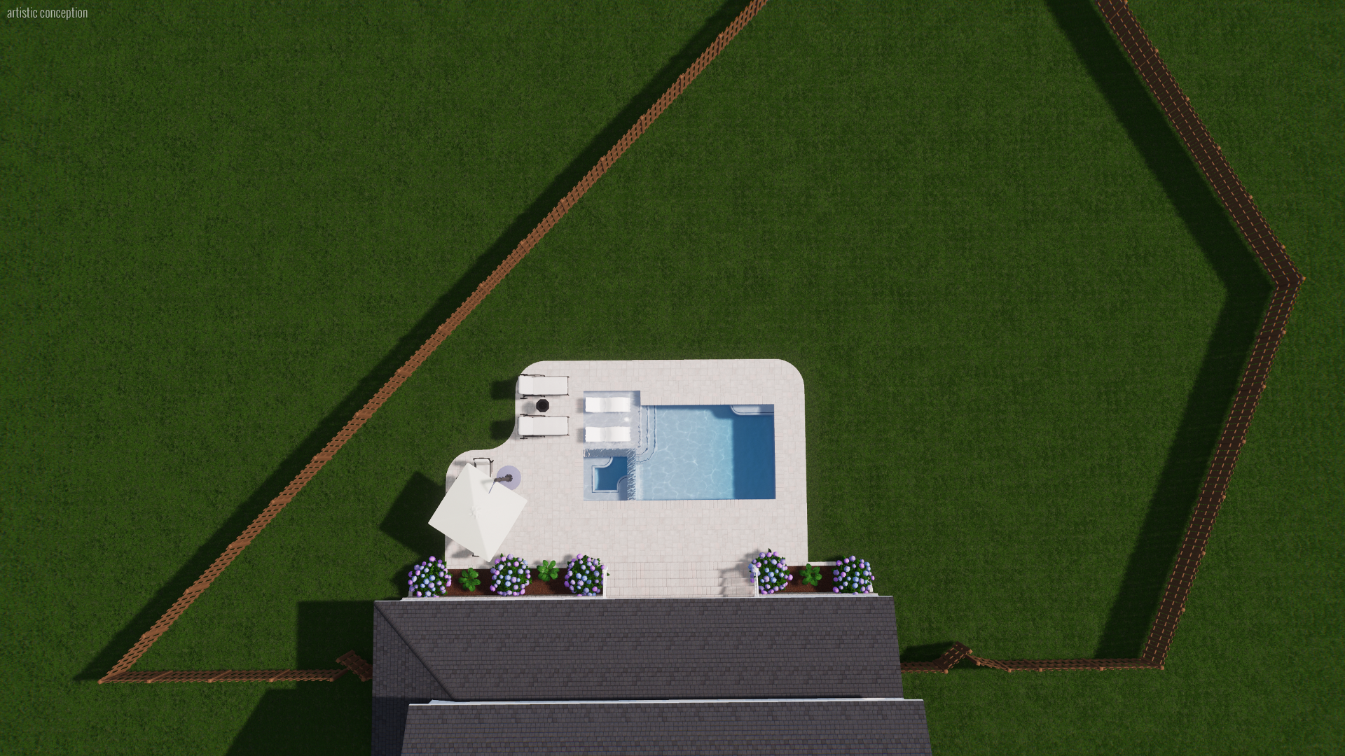 A backyard with a white patio area, a small swimming pool, lounge chairs, a white umbrella, purple flowering plants, and a brownwood fence surrounding the yard.