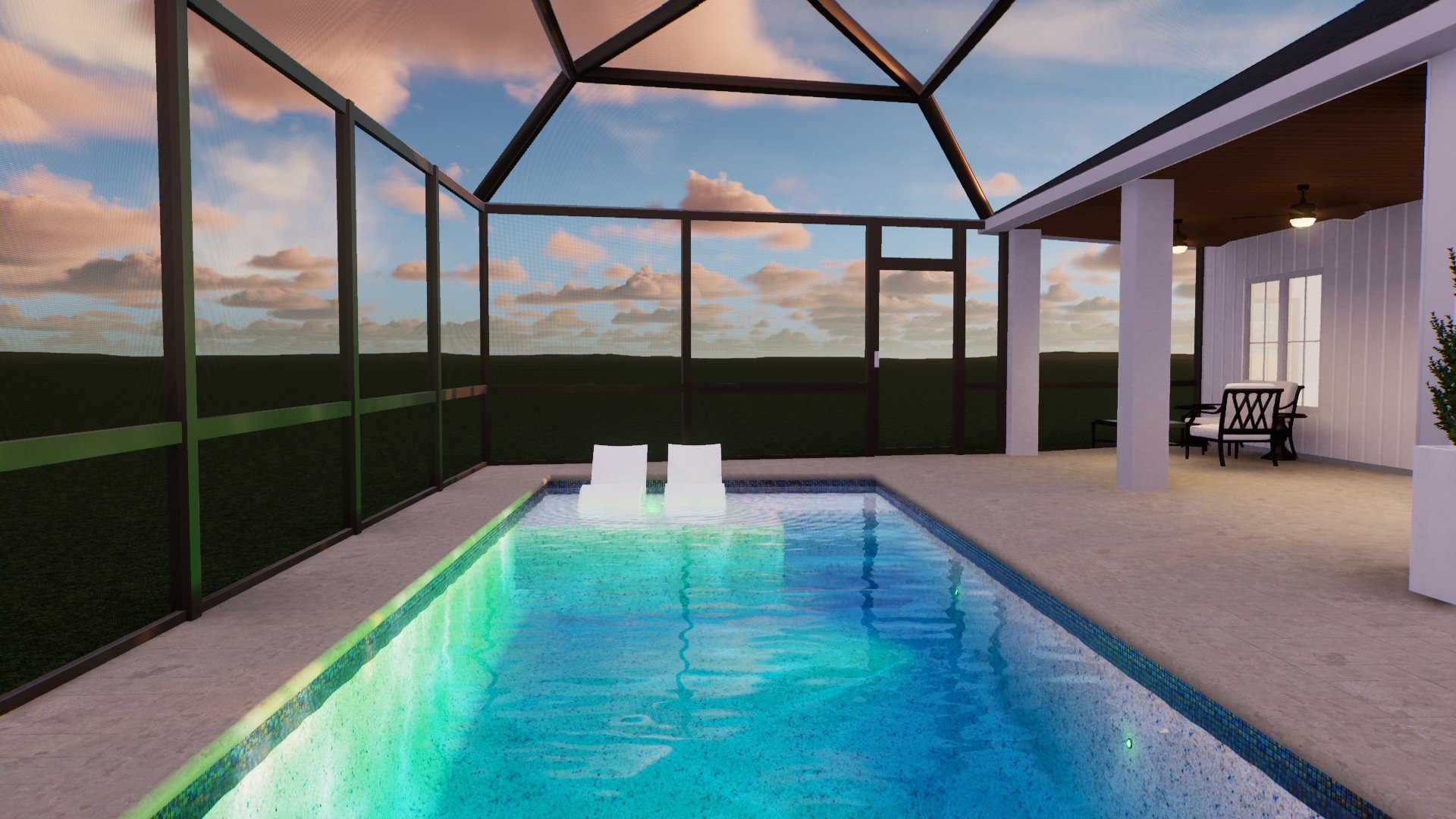 Backyard enclosed patio with a small swimming pool, two lounge chairs, and a sitting area with a bench, under a sunset sky.