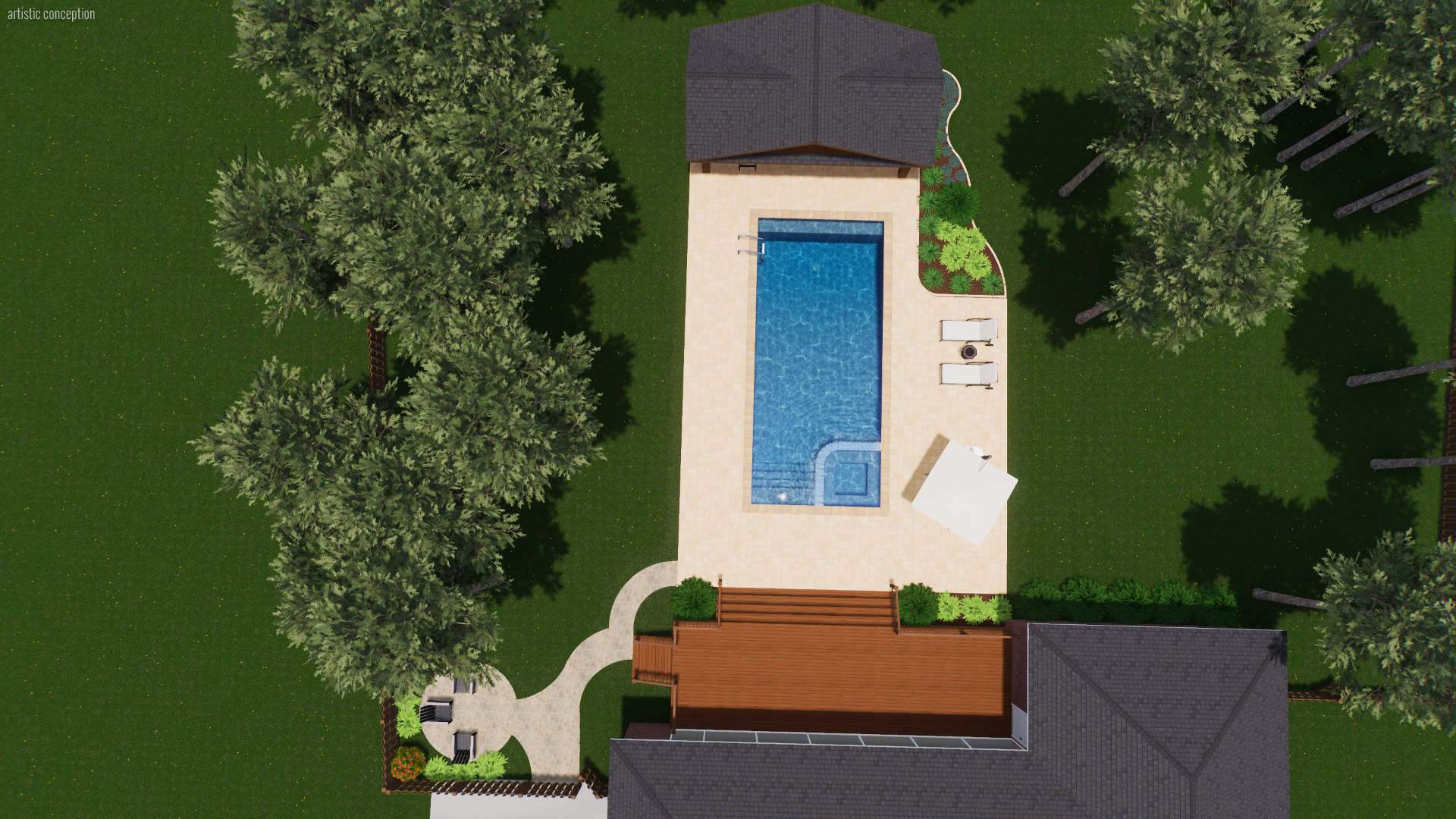 A backyard with a rectangular swimming pool, surrounded by a stone patio, with lounge chairs, an umbrella, and a small garden. Large trees provide shade, and there are two houses, one with a dark roof and the other with a wooden deck, in a green lawn
